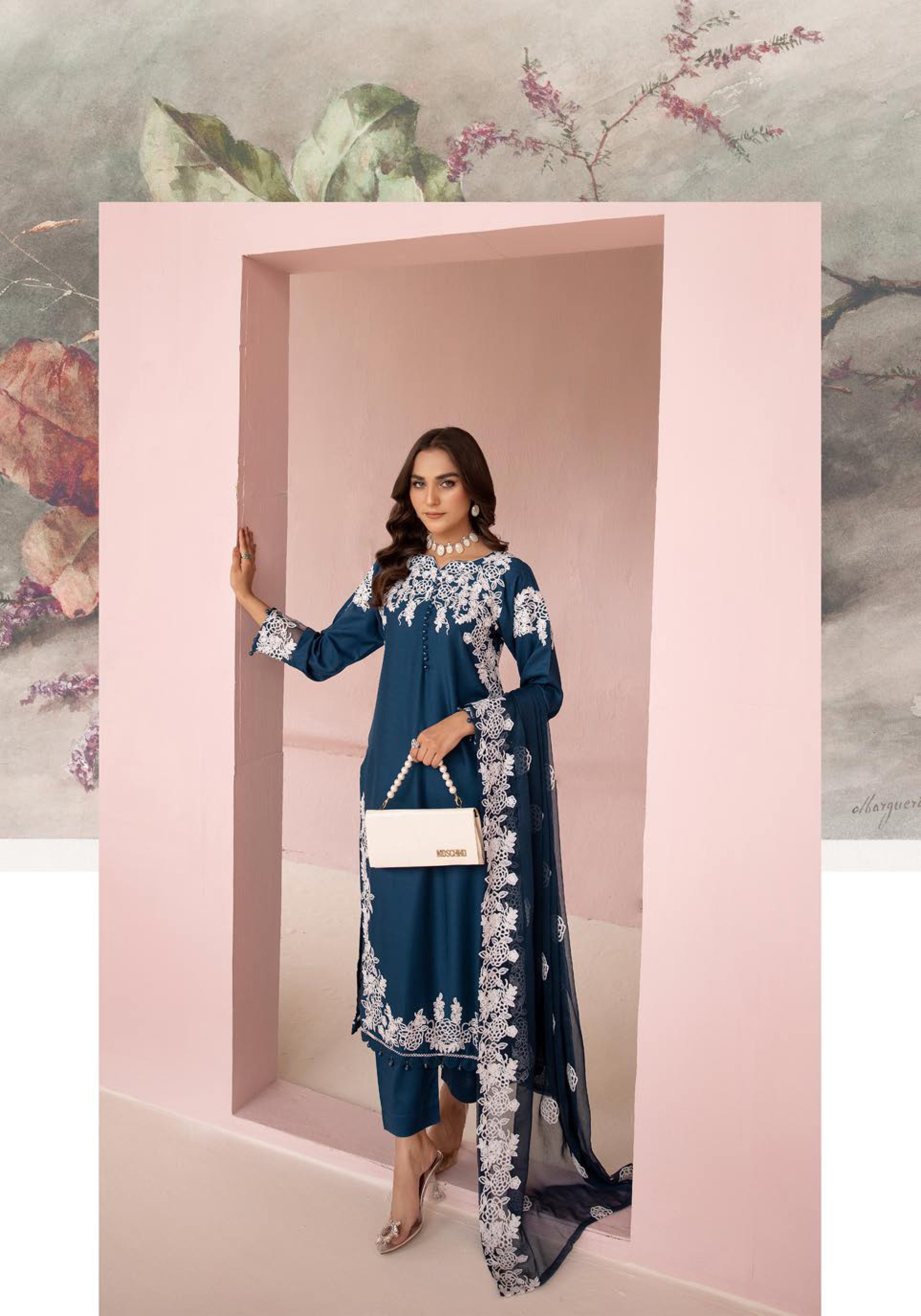 SIMRANS Glam Bottle Midnighr Blue Embroidered Linen 3 Piece Suit With Chiffon Dupatta