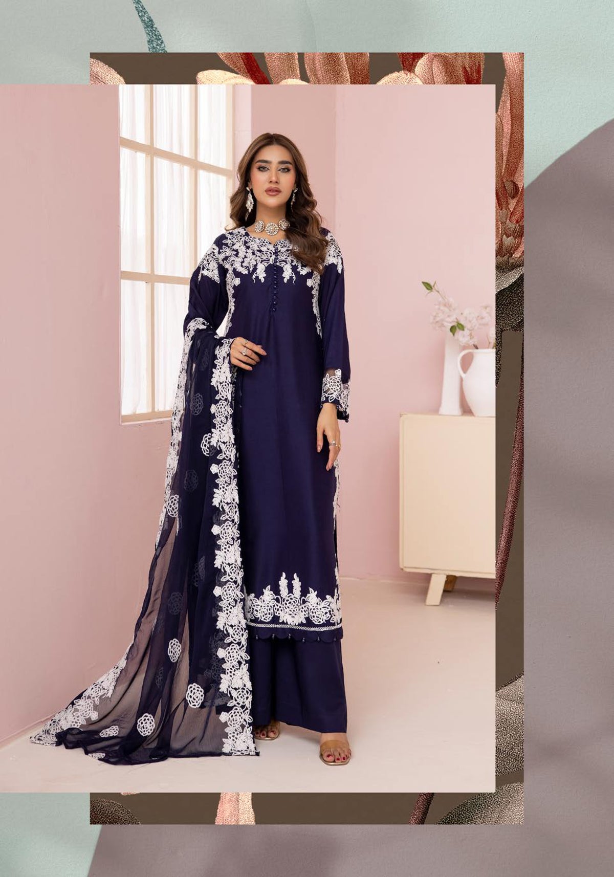SIMRANS Glam Bottle Royal Blue Embroidered Linen 3 Piece Suit With Chiffon Dupatta
