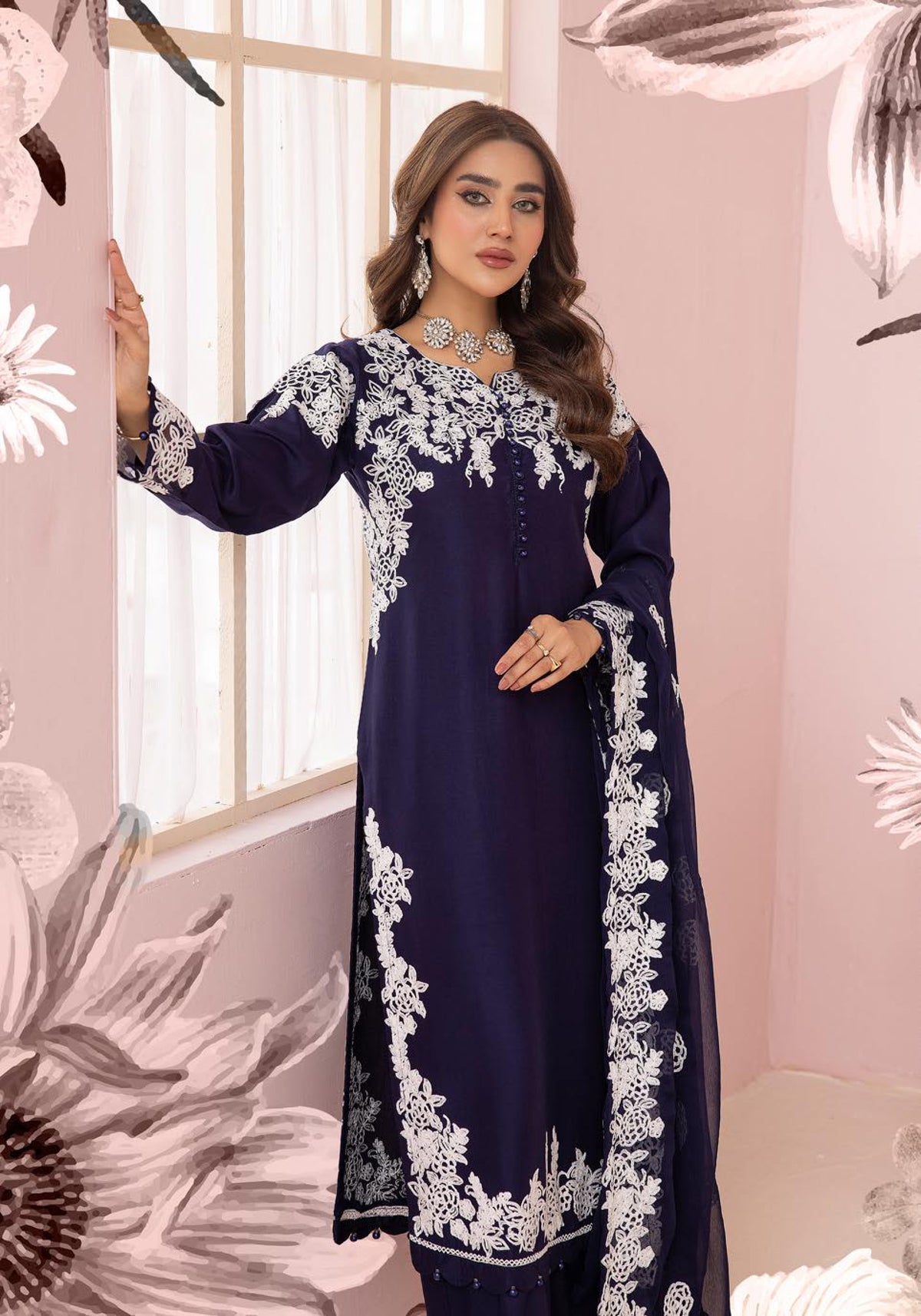 SIMRANS Glam Bottle Royal Blue Embroidered Linen 3 Piece Suit With Chiffon Dupatta