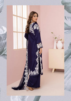SIMRANS Glam Bottle Royal Blue Embroidered Linen 3 Piece Suit With Chiffon Dupatta