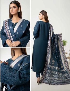 SIMRANS Dhanak Chikankari 3 piece suit with shawl in dark blue