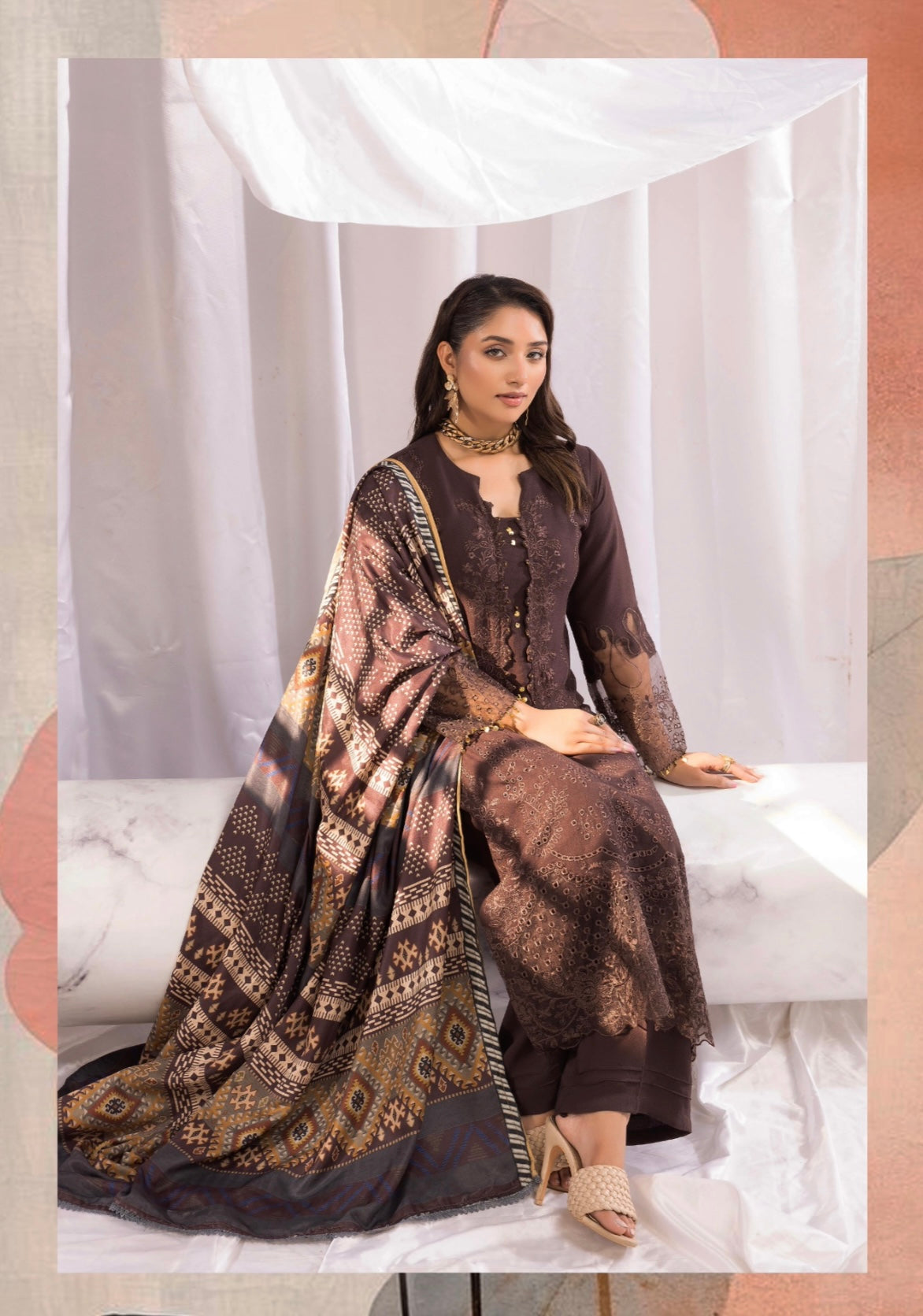 SIMRANS ‘AAFREEN’ | EMBROIDERED DHANAK CHIKANKARI READYMADE | SM701 (BROWN)