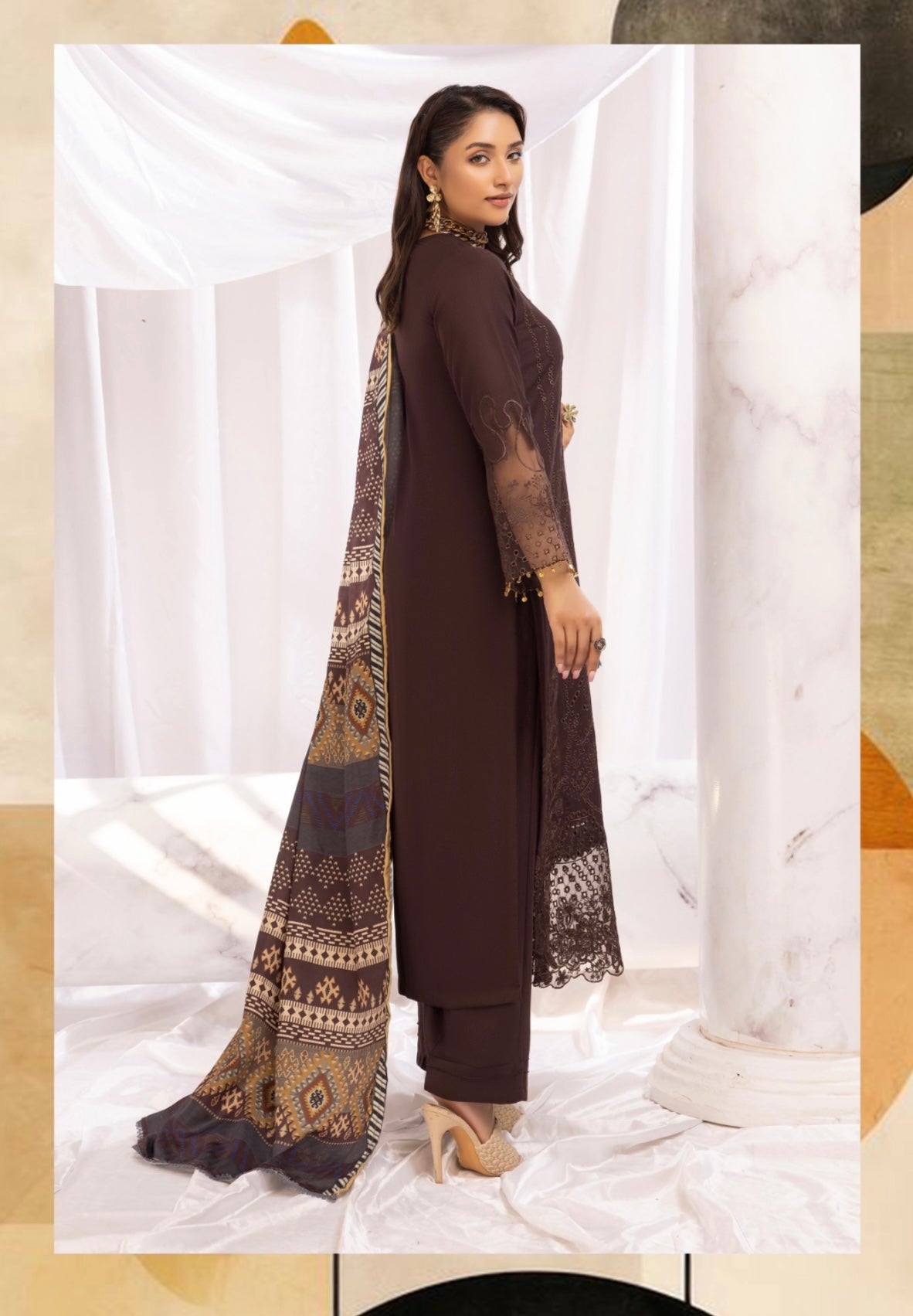 SIMRANS ‘AAFREEN’ | EMBROIDERED DHANAK CHIKANKARI READYMADE | SM701 (BROWN)