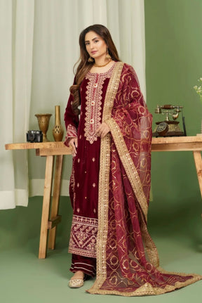 SIMRANS ‘MAKHMALI’ | EMBROIDERED VELVET FANCY DUPATTA READYMADE | SM710 (MAROON)