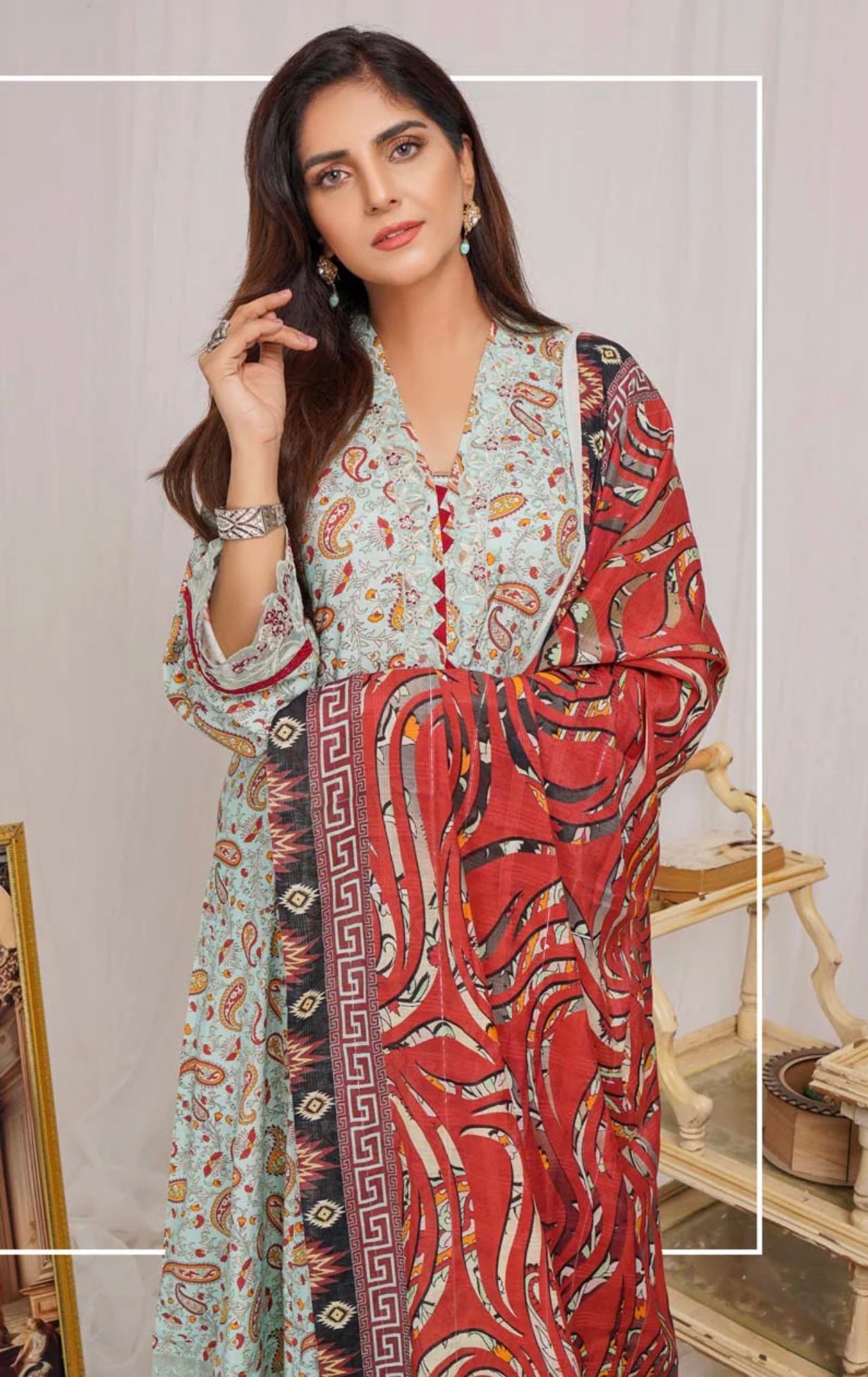 Munira Digital Print Linen ready made Outfit with Barosia Dupatta MSL7