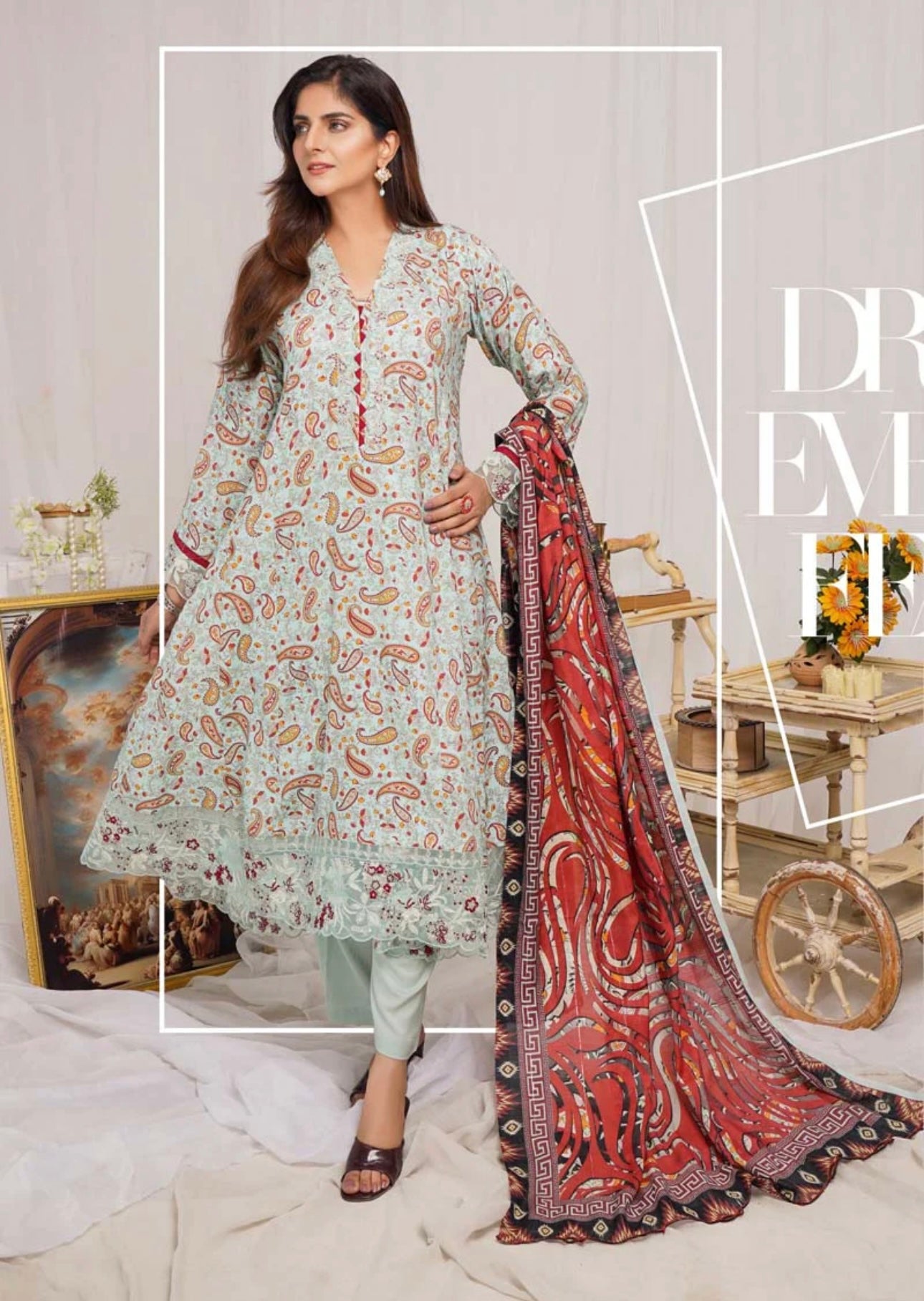 Munira Digital Print Linen ready made Outfit with Barosia Dupatta MSL7