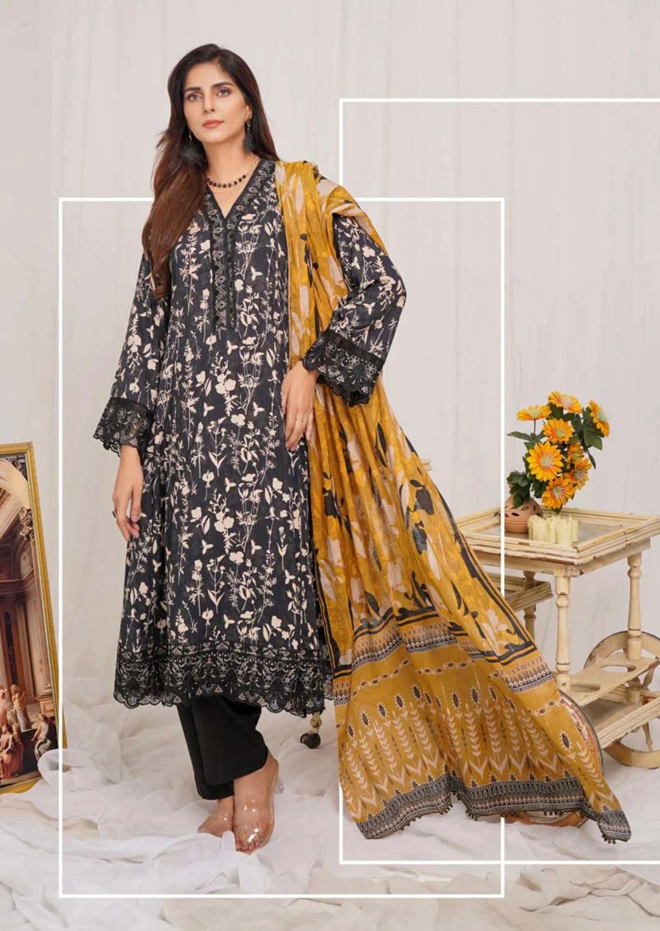 Munira Digital Print Linen readymade Outfit with Barosia Dupatta MSL6