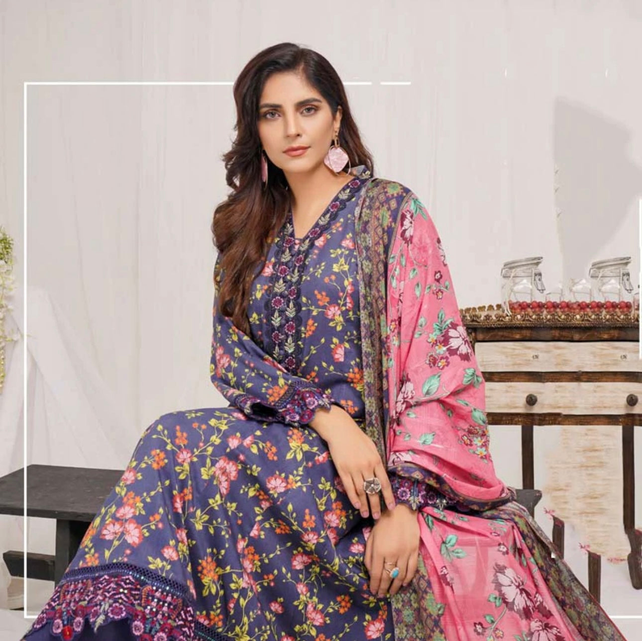 Munira Digital Print Linen readymade Outfit with Barosia Dupatta MSL4