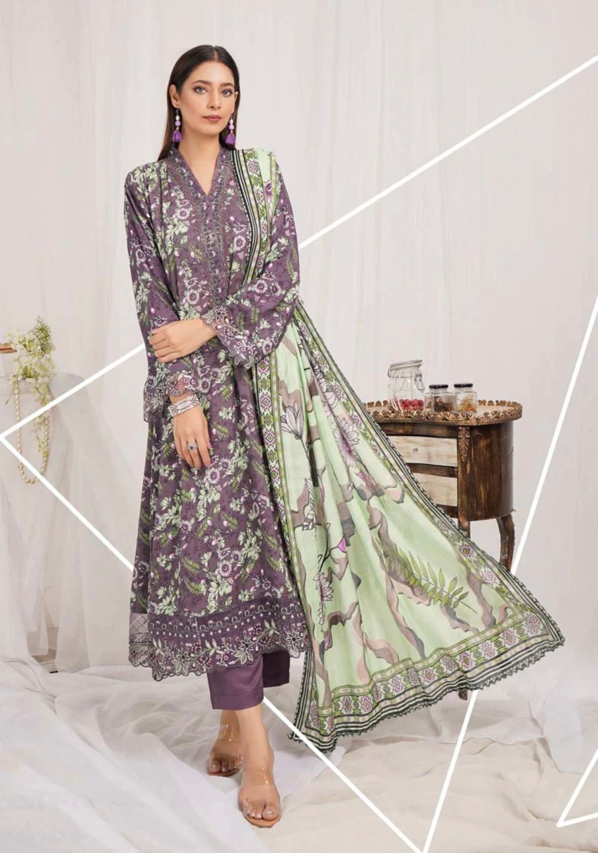 Munira Digital Print Linen readymade Outfit with Barosia Dupatta MSL1