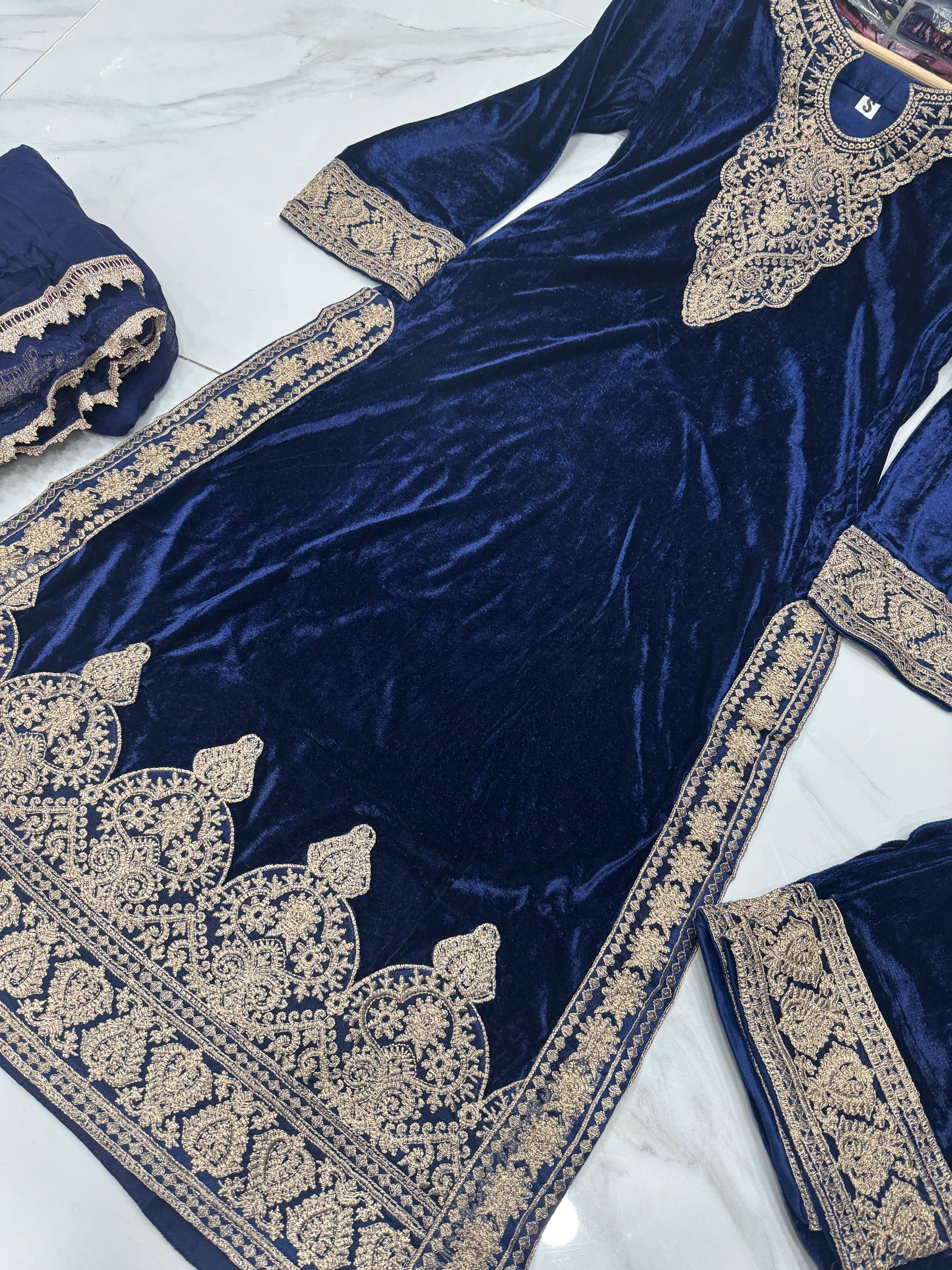 RANGZ EMBROIDERED BLUE KOREAN VELVET READYMADE | RGZ02