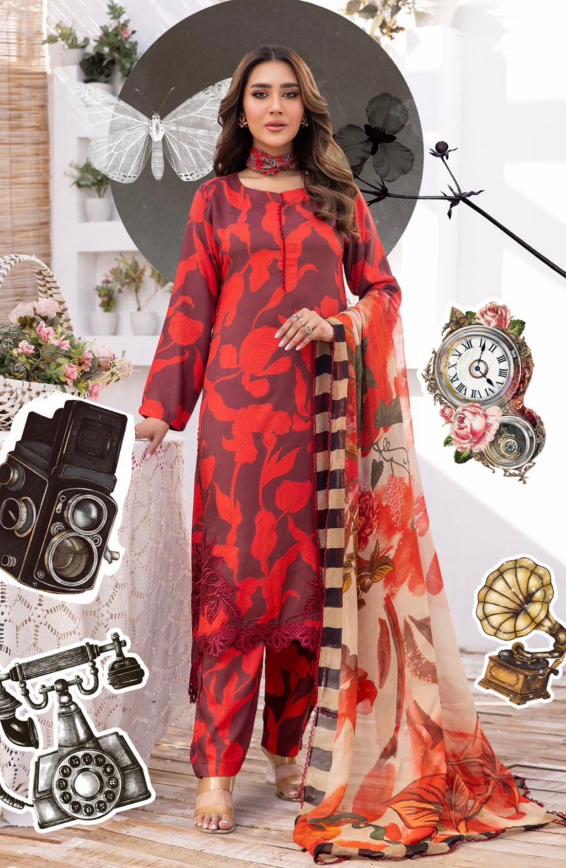 SIMRANS ‘M PRINTS’ | EMBROIDERED LINEN 3PC READYMADE | SMP307
