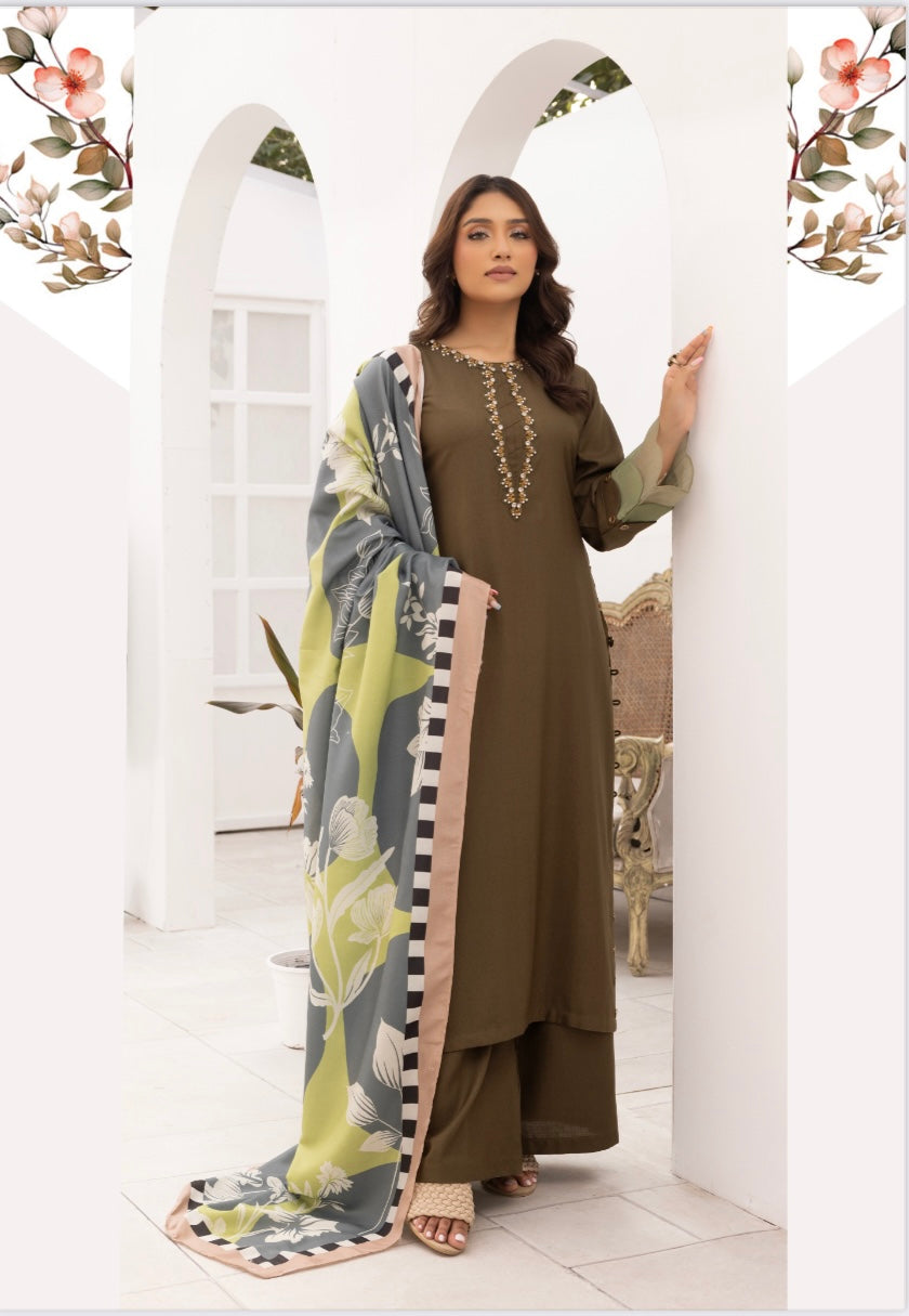 SIMRANS NAKHRA 3 Piece Dhanak readymade Suit with Digital Wool Shawl DSS03