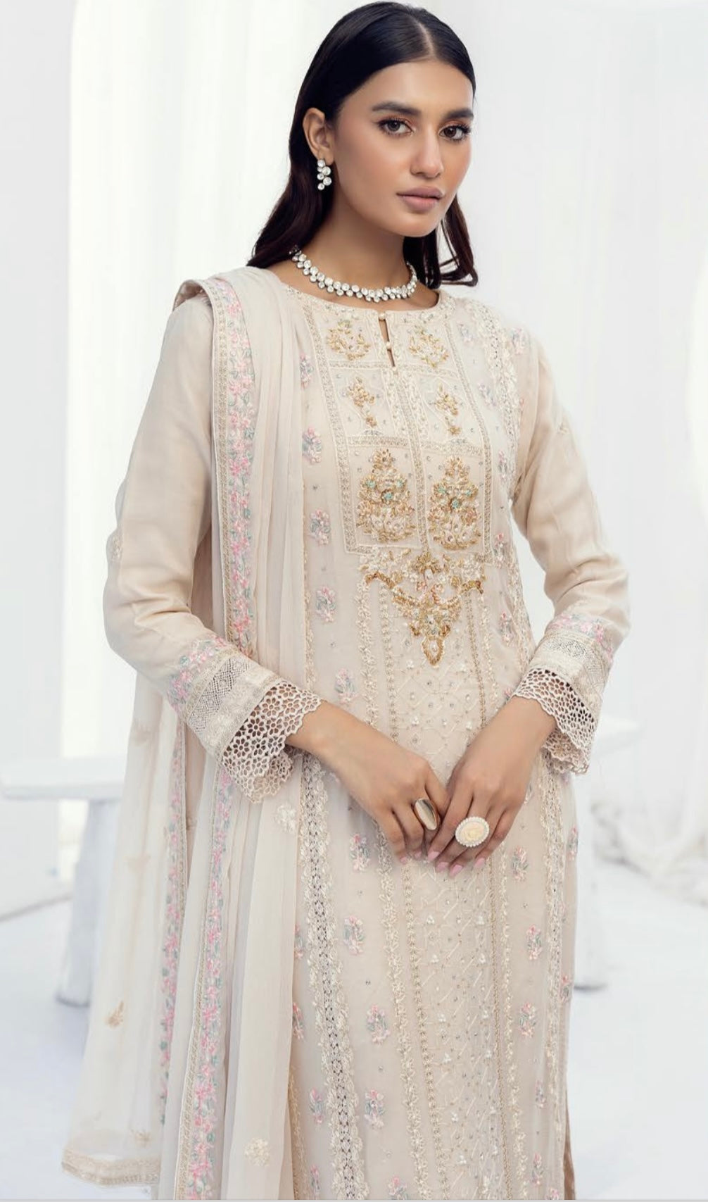 SIMRANS NAKHRA EMBROIDERED LUXURY CHIFFON BEIGE 3PC READYMADE SNC425