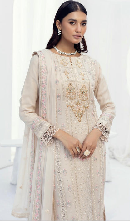 SIMRANS NAKHRA EMBROIDERED LUXURY CHIFFON BEIGE 3PC READYMADE SNC425