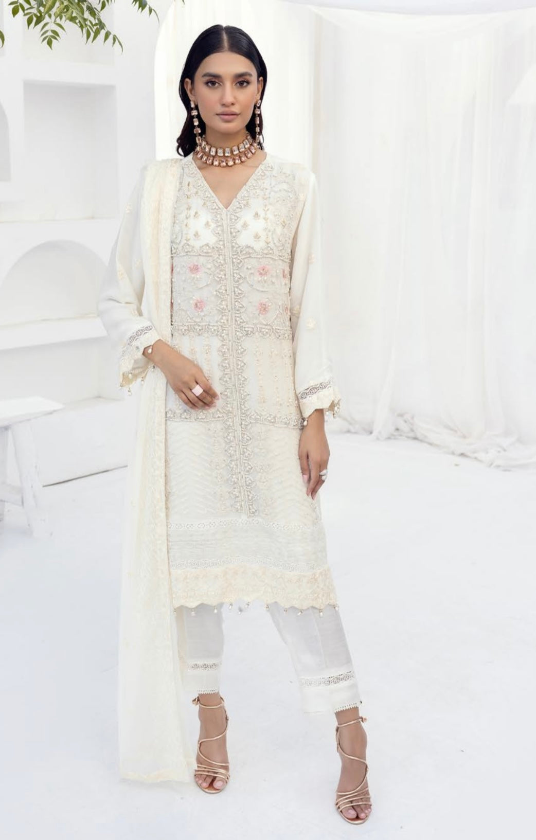 SIMRANS NAKHRA EMBROIDERED LUXURY CHIFFON CREAM 3PC READYMADE SNC423