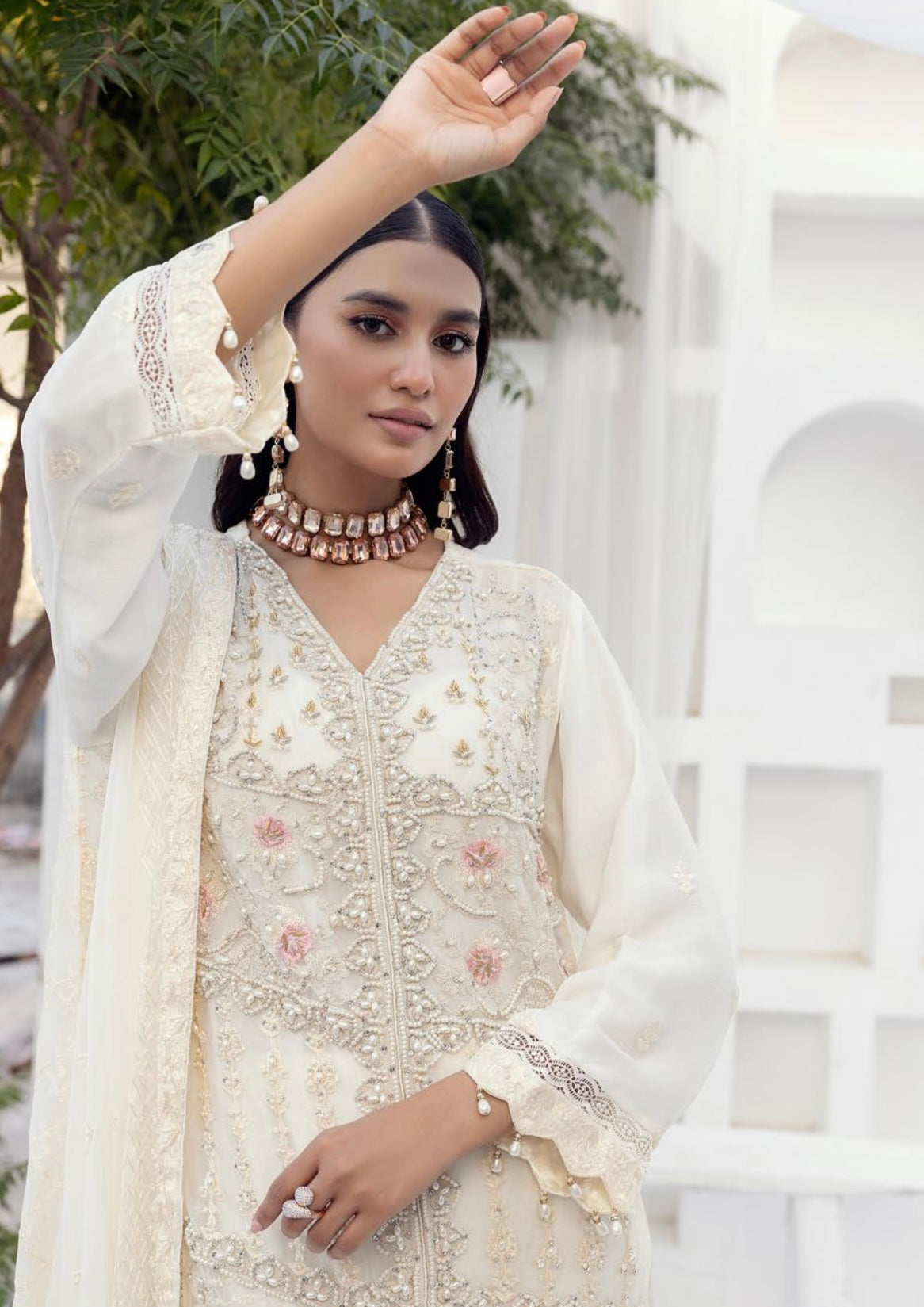 SIMRANS NAKHRA EMBROIDERED LUXURY CHIFFON CREAM 3PC READYMADE SNC423