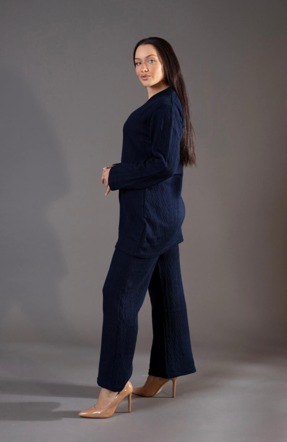 SIMRANS winter Knitted Short Co ord Set Navy blue