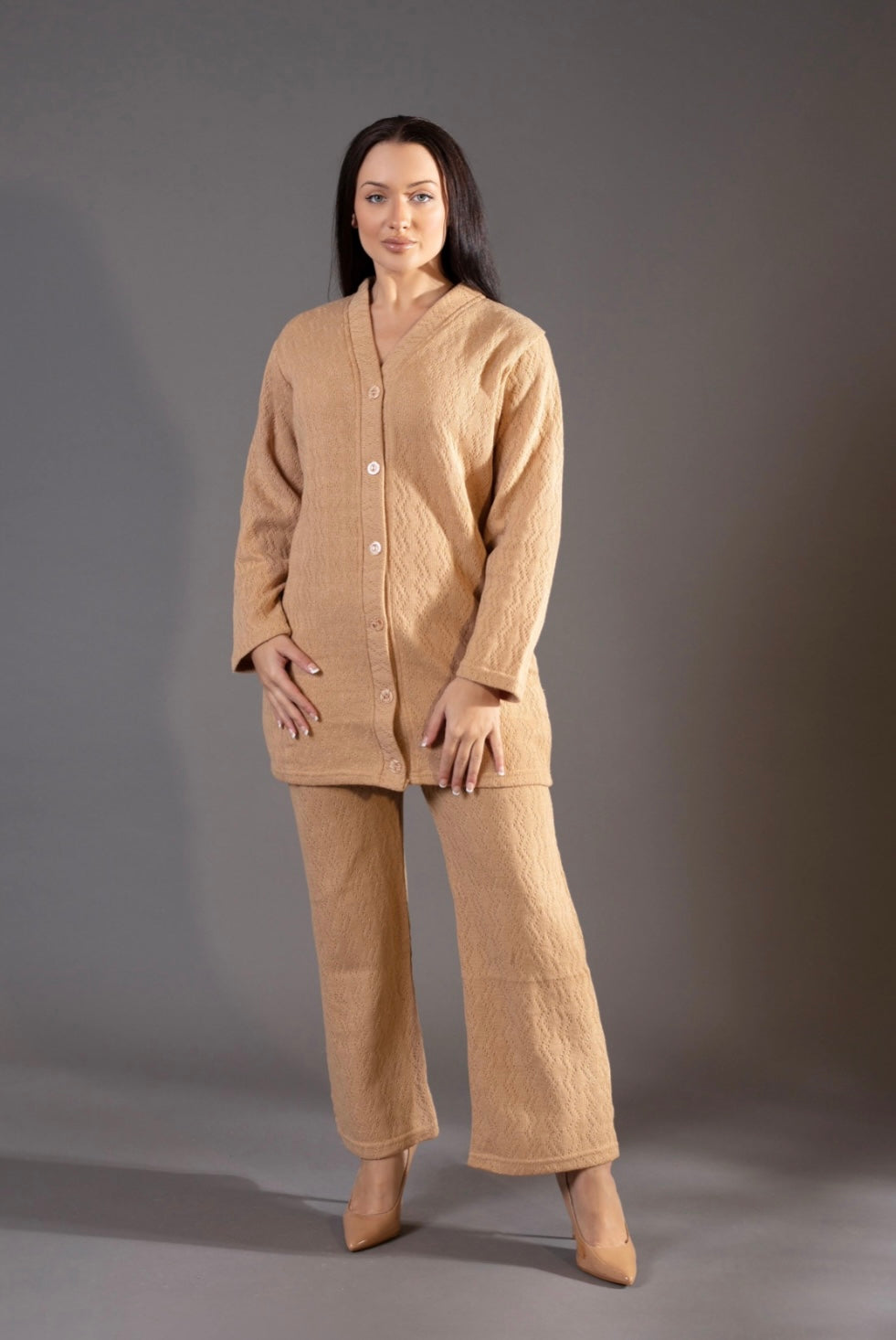 SIMRANS winter Knitted Short Co ord Set beige