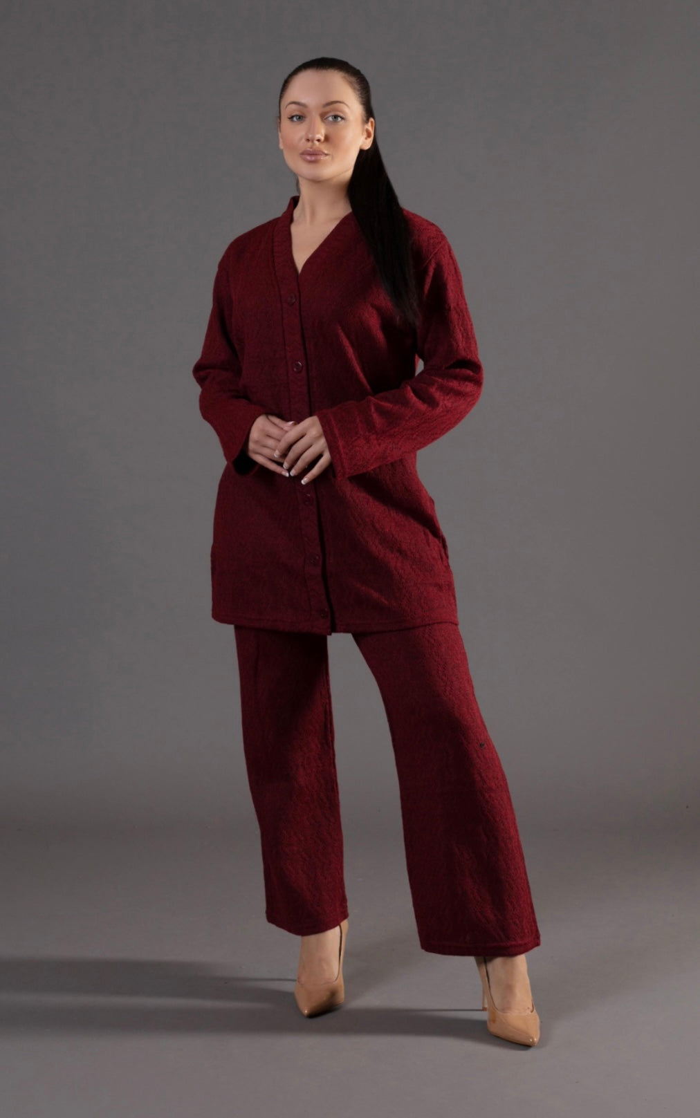 SIMRANS winter Knitted Short Co ord Set Wine