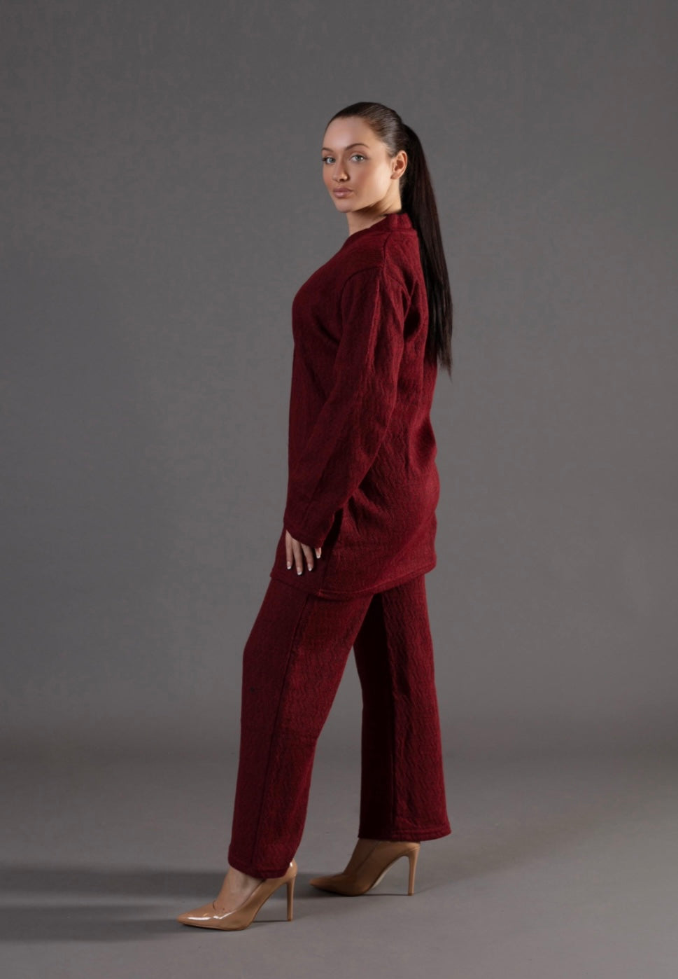 SIMRANS winter Knitted Short Co ord Set Wine