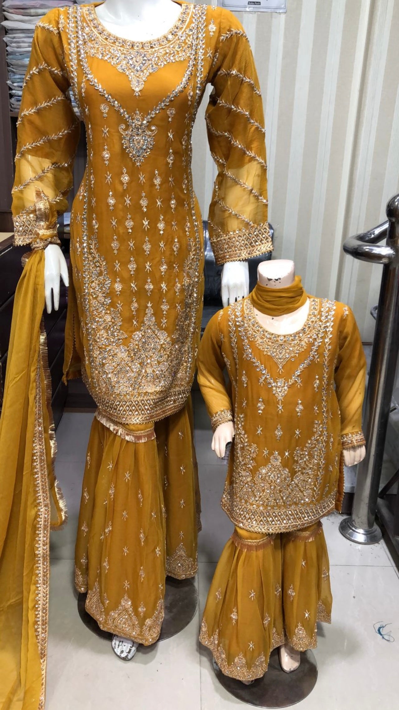 SHAZAIB | EMBROIDERED CHIFFON SHARARAH MOTHER & DAUGHTER/KIDS READYMADE MUSTARD | SZ223