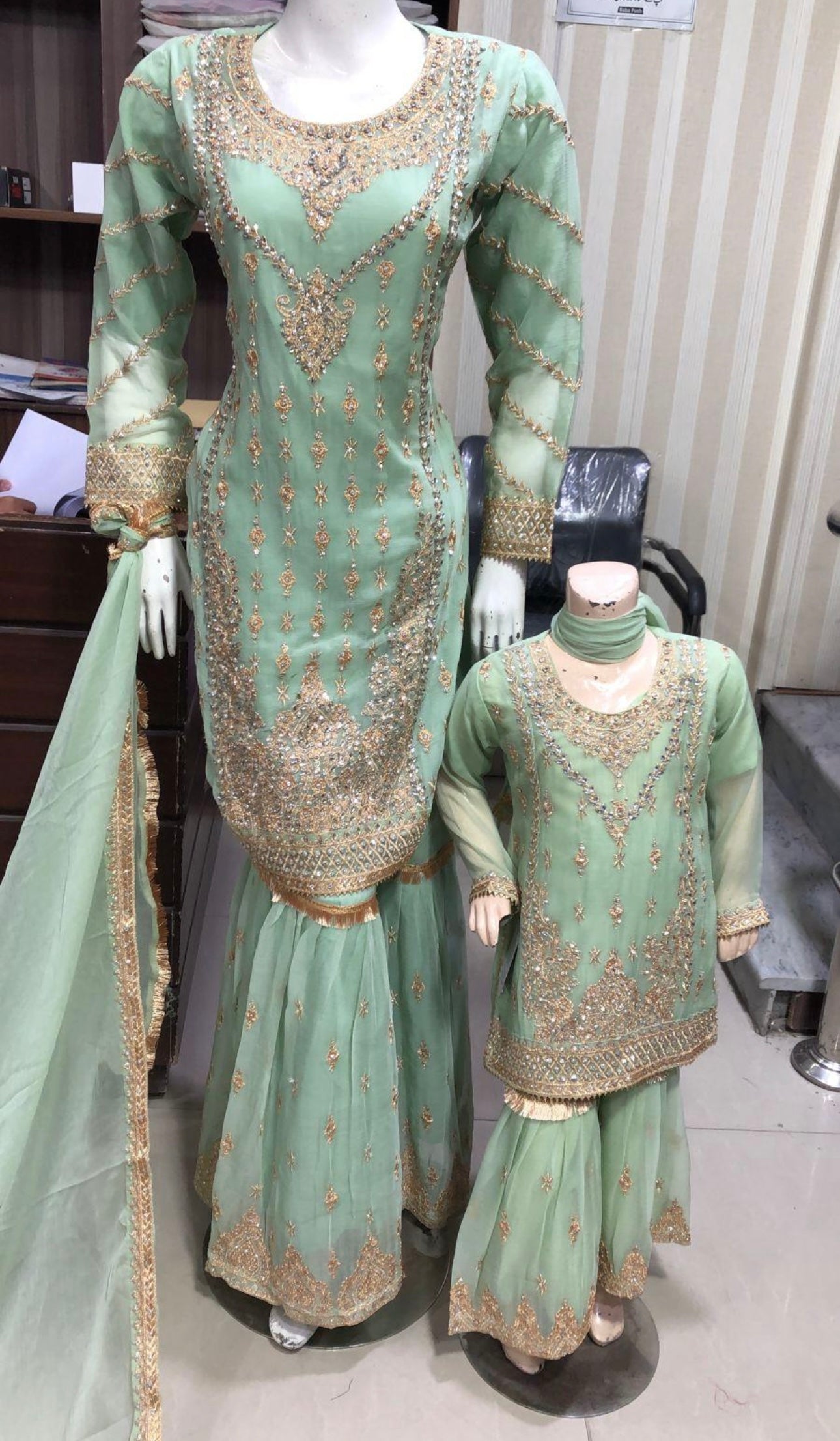 SHAZAIB | EMBROIDERED CHIFFON SHARARAH MOTHER & DAUGHTER/KIDS READYMADE MINT | SZ224