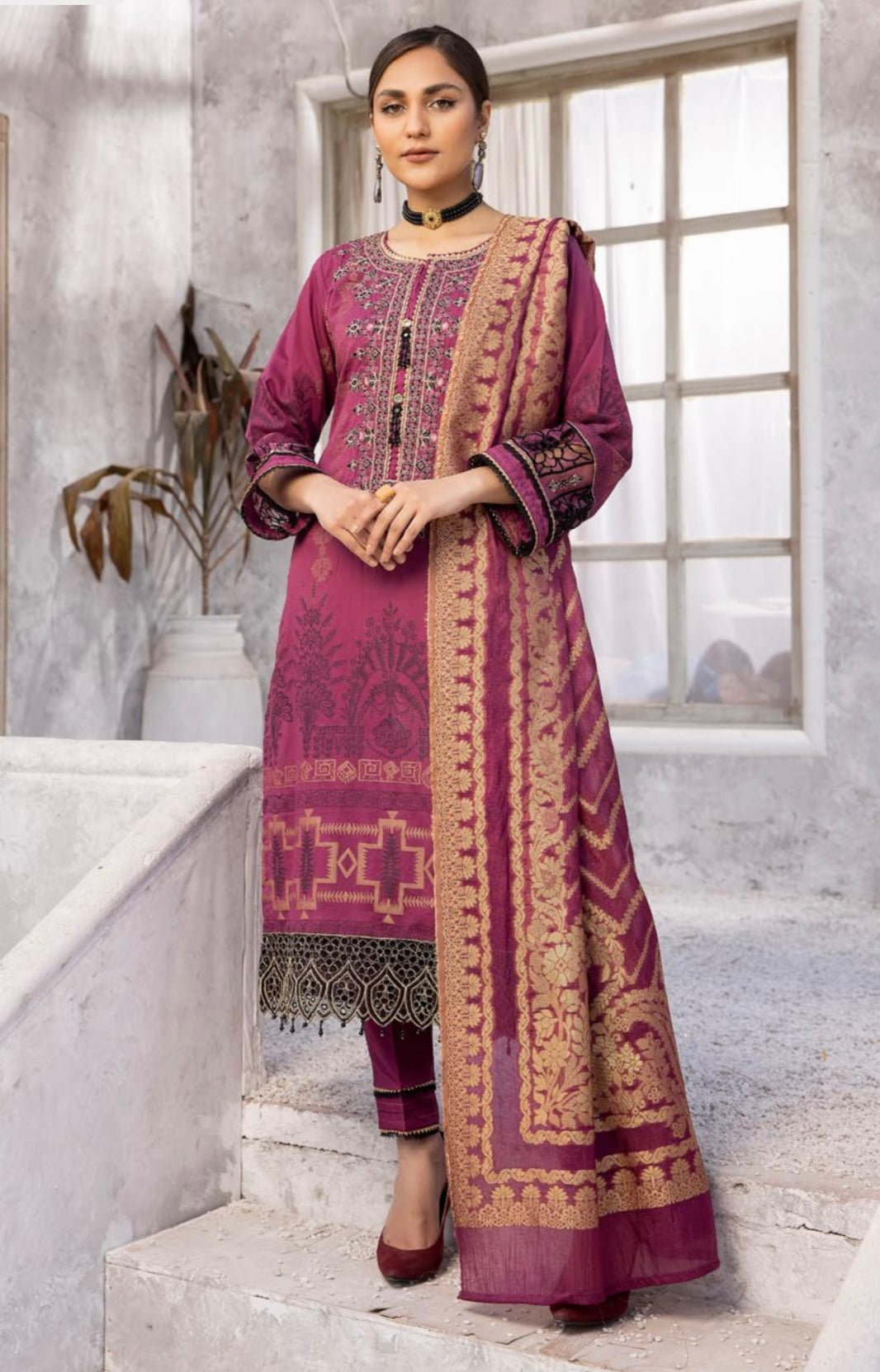 SIMRANS BELA Luxury Jacquard 3 Piece Deep ruby Outfit Readymade