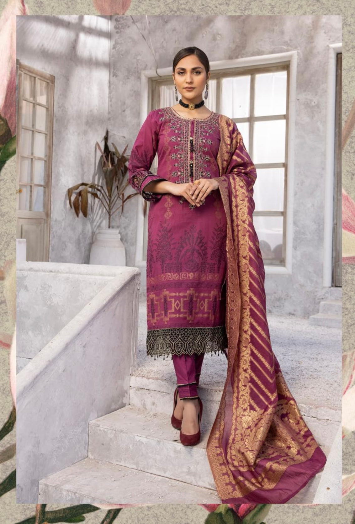 SIMRANS BELA Luxury Jacquard 3 Piece Deep ruby Outfit Readymade