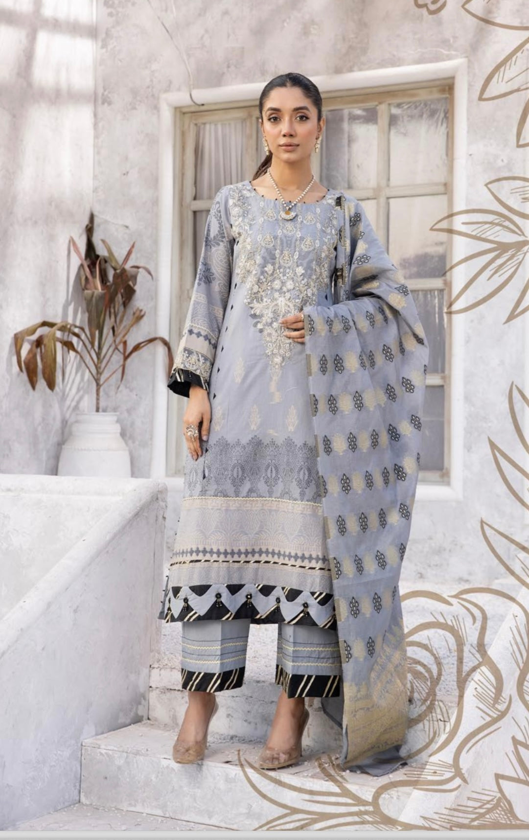 SIMRANS BELA Luxury Jacquard 3 Piece Grey Outfit Readymade