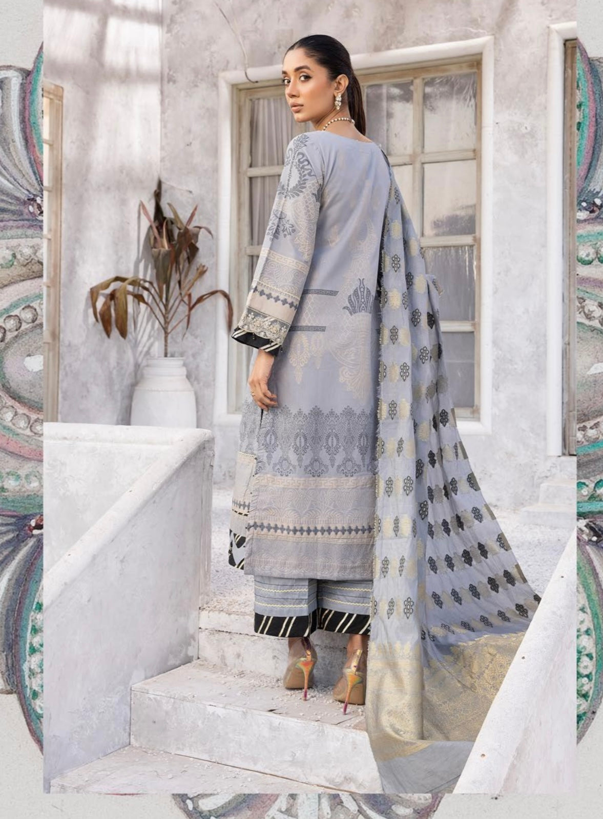 SIMRANS BELA Luxury Jacquard 3 Piece Grey Outfit Readymade