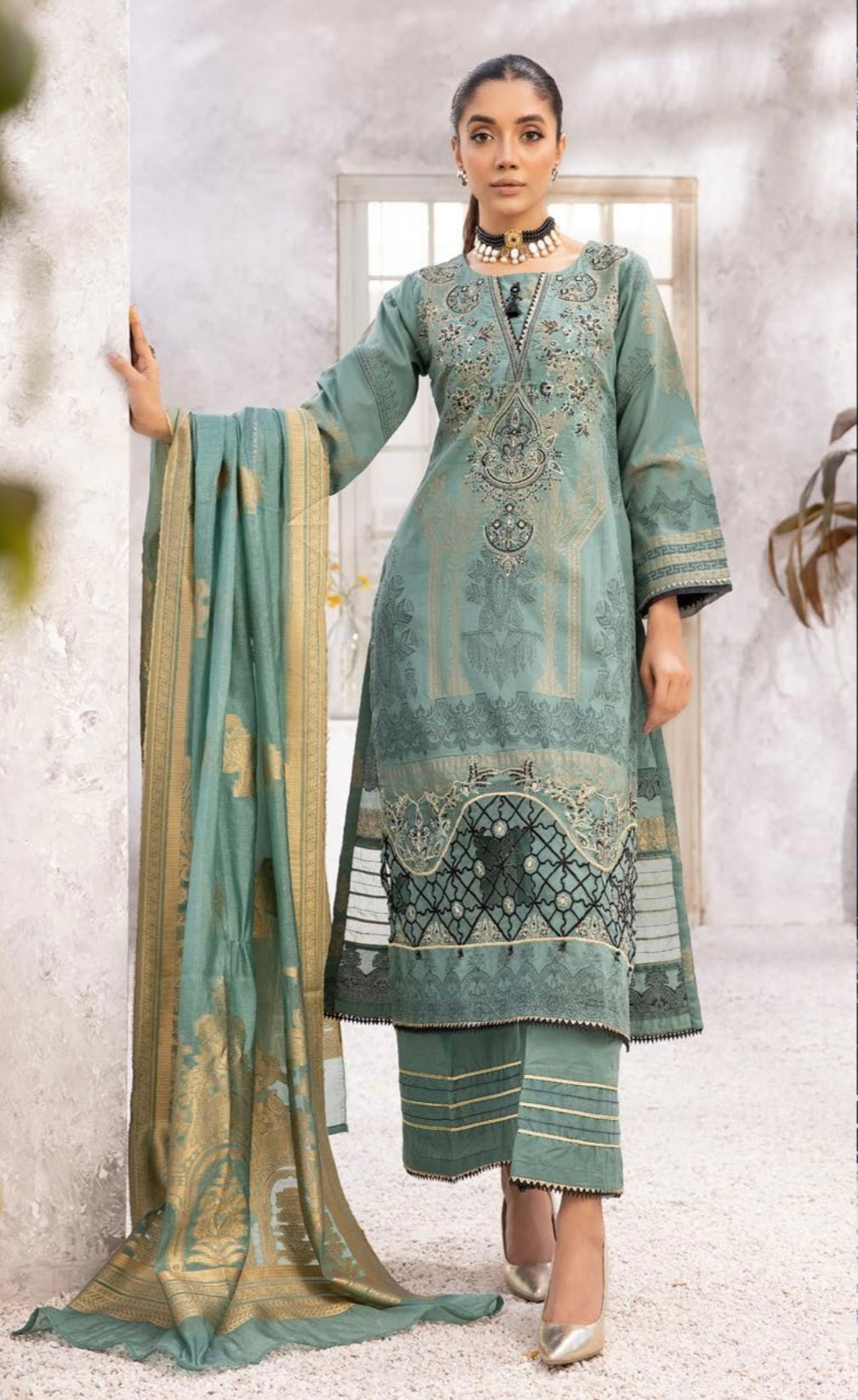 SIMRANS BELA Luxury Jacquard 3 Piece Green Outfit Readymade