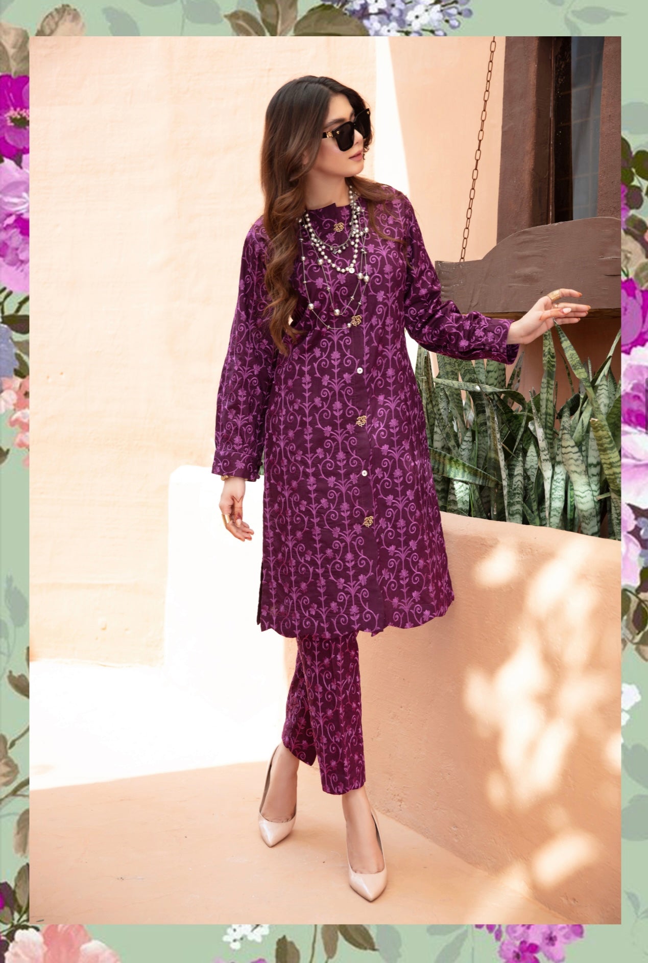 SIMRANS Ivana Fully Embroidered Cotton Co-ord Set in Purple CCR14