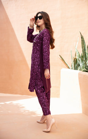 SIMRANS Ivana Fully Embroidered Cotton Co-ord Set in Purple CCR14