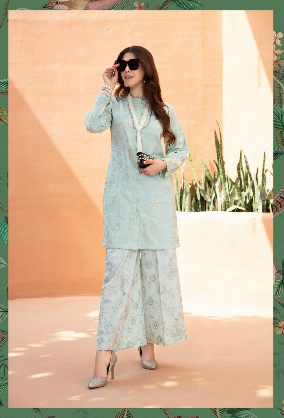 SIMRANS Ivana Fully Embroidered Cotton Co-ord Set in Mint CCR11