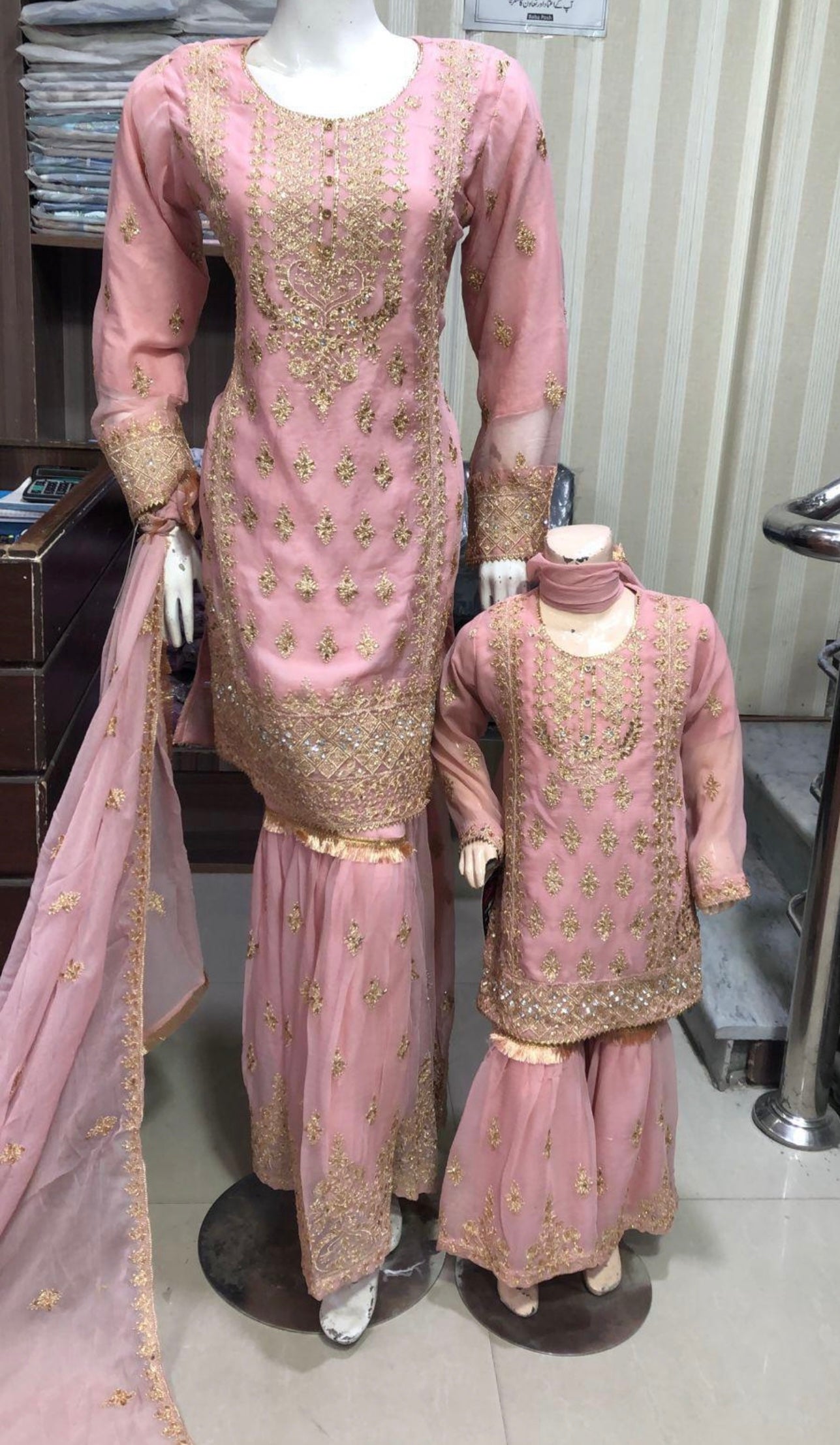 SHAZAIB | EMBROIDERED CHIFFON SHARARA MOTHER & DAUGHTER/kids READYMADE PINK | SZ175