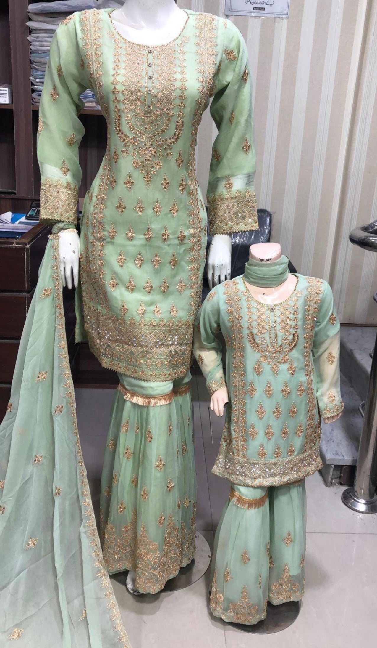 SHAZAIB | EMBROIDERED CHIFFON SHARARA MOTHER & DAUGHTER/kids READYMADE MINT | SZ176