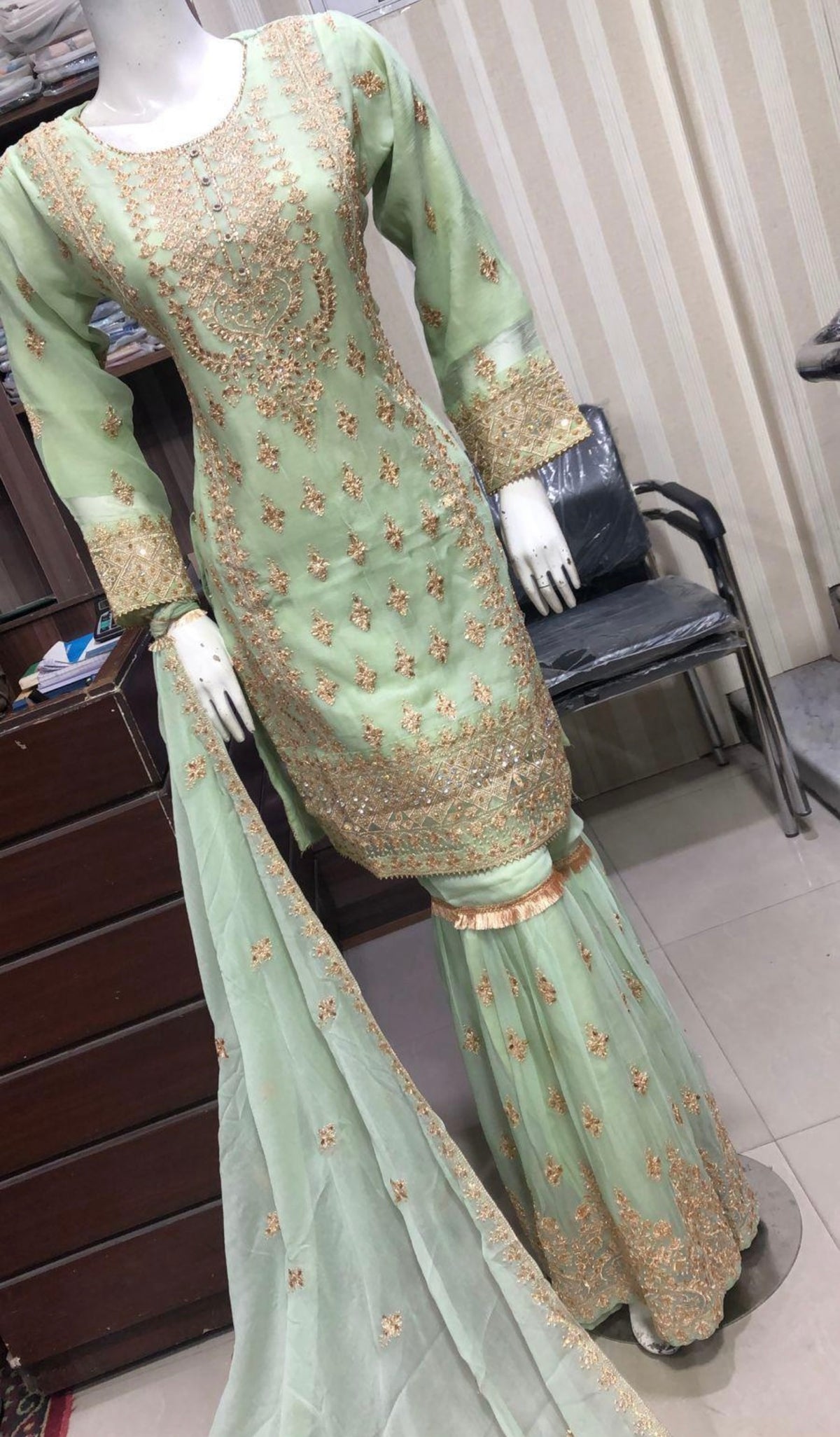 SHAZAIB | EMBROIDERED CHIFFON SHARARA MOTHER & DAUGHTER/kids READYMADE MINT | SZ176