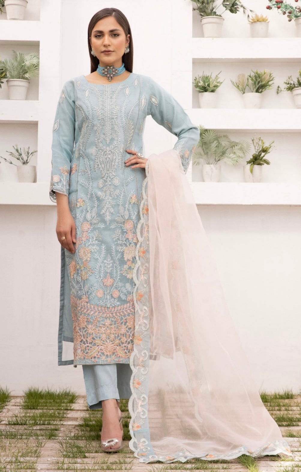 Simrans Organza Mummy & Me Ladies and Kids Eid suit Arctic Blue