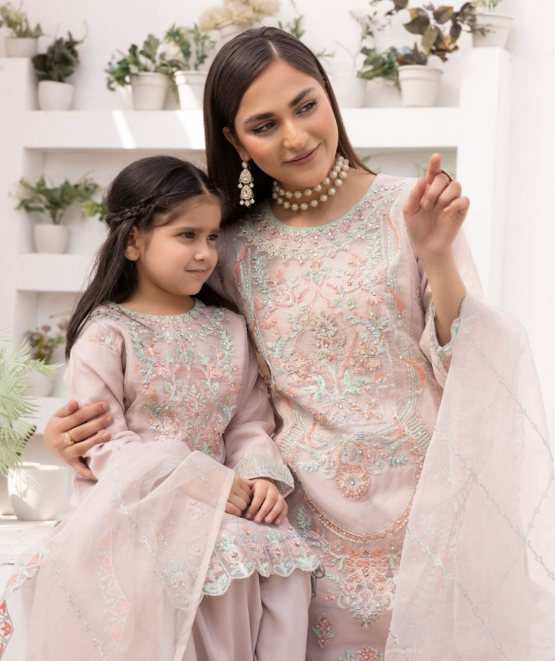 Simrans Organza Mummy & Me Ladies and kids Eid suit Pastel Pink