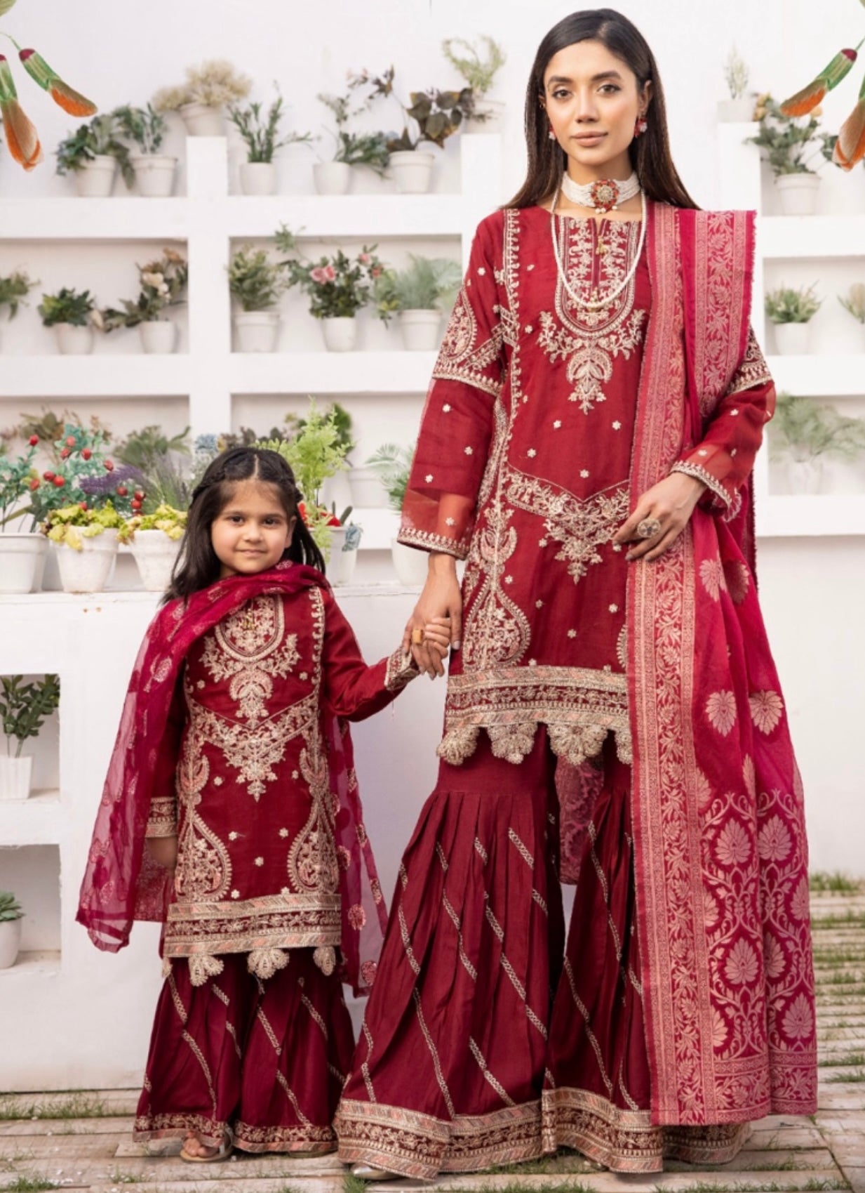 Simrans Organza Mummy & Me Ladies and kids Eid Maroon Gharara Suit