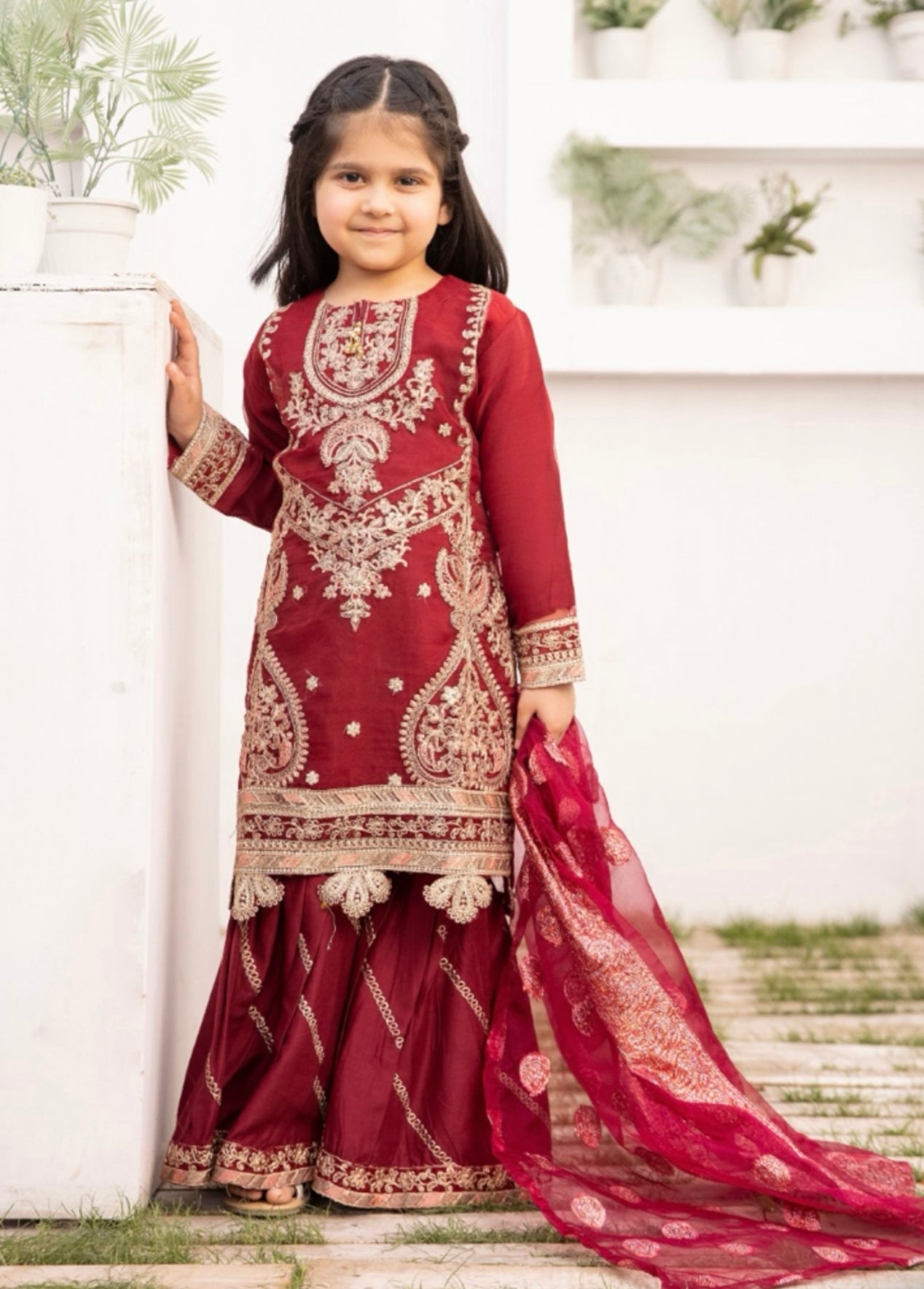 Simrans Organza Mummy & Me Ladies and kids Eid Maroon Gharara Suit