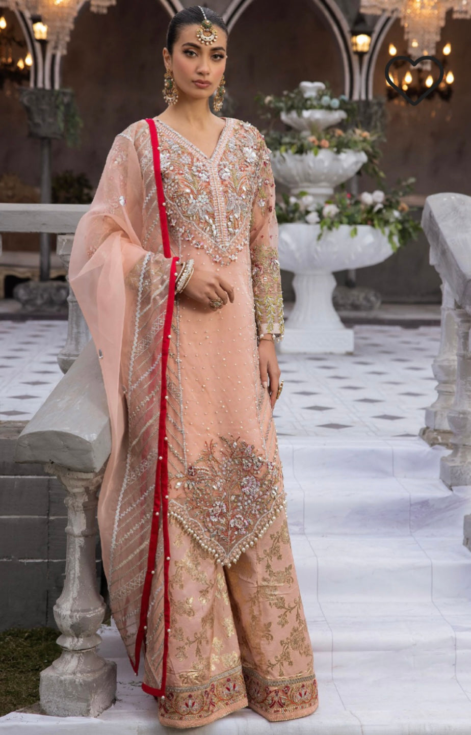 AMAYA BY SIMRANS ORGNZA/CHIFFON DUSTY PINk LUXURY EMBROIDERED 3PC PLAZO PEACH READYMADE | ALCC0936