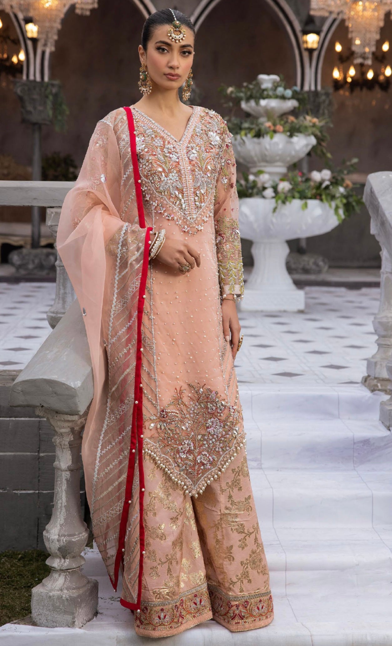 AMAYA BY SIMRANS ORGNZA/CHIFFON DUSTY PINk LUXURY EMBROIDERED 3PC PLAZO PEACH READYMADE | ALCC0936