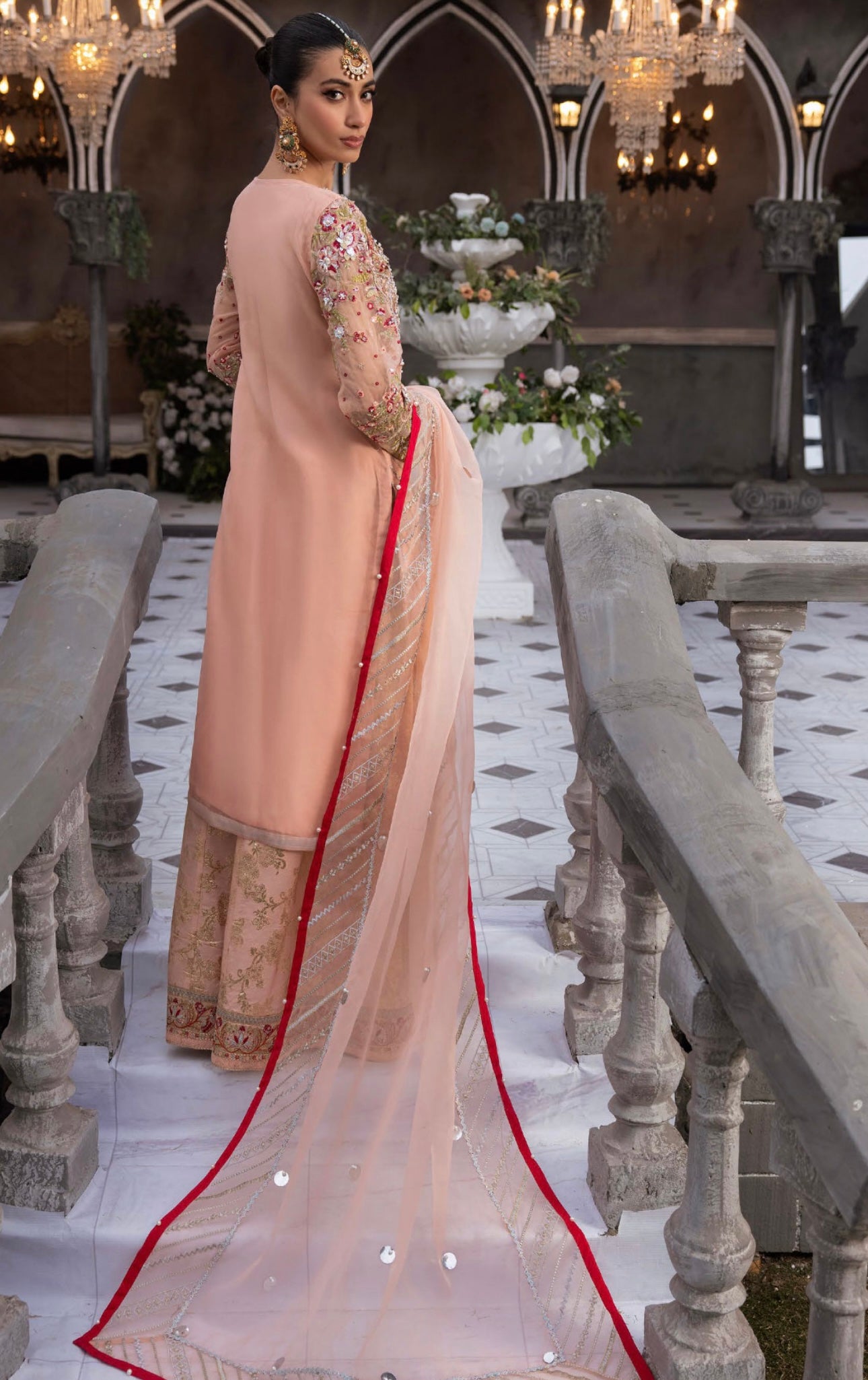 AMAYA BY SIMRANS ORGNZA/CHIFFON DUSTY PINk LUXURY EMBROIDERED 3PC PLAZO PEACH READYMADE | ALCC0936