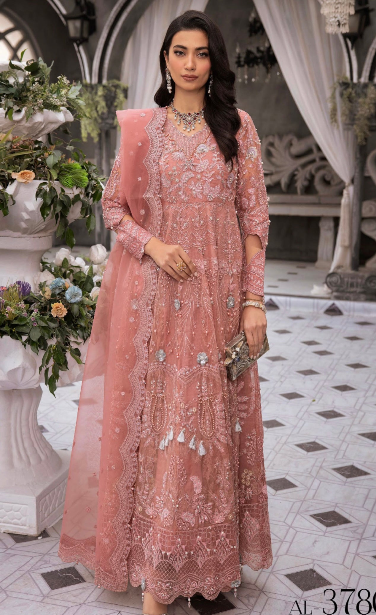 AMAYA BY SIMRANS ORGNZA/CHIFFON DUSTY PINk LUXURY EMBROIDERED LONG DRESS 3PC READYMADE | ALCC0935