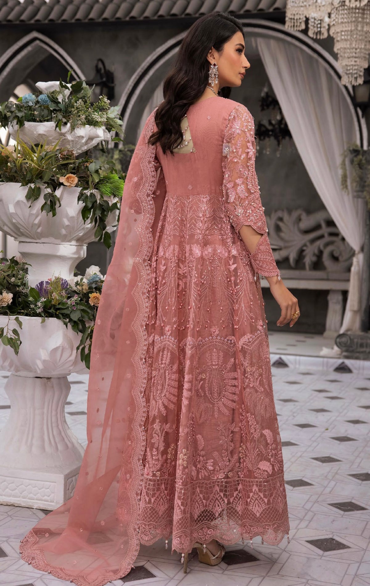 AMAYA BY SIMRANS ORGNZA/CHIFFON DUSTY PINk LUXURY EMBROIDERED LONG DRESS 3PC READYMADE | ALCC0935