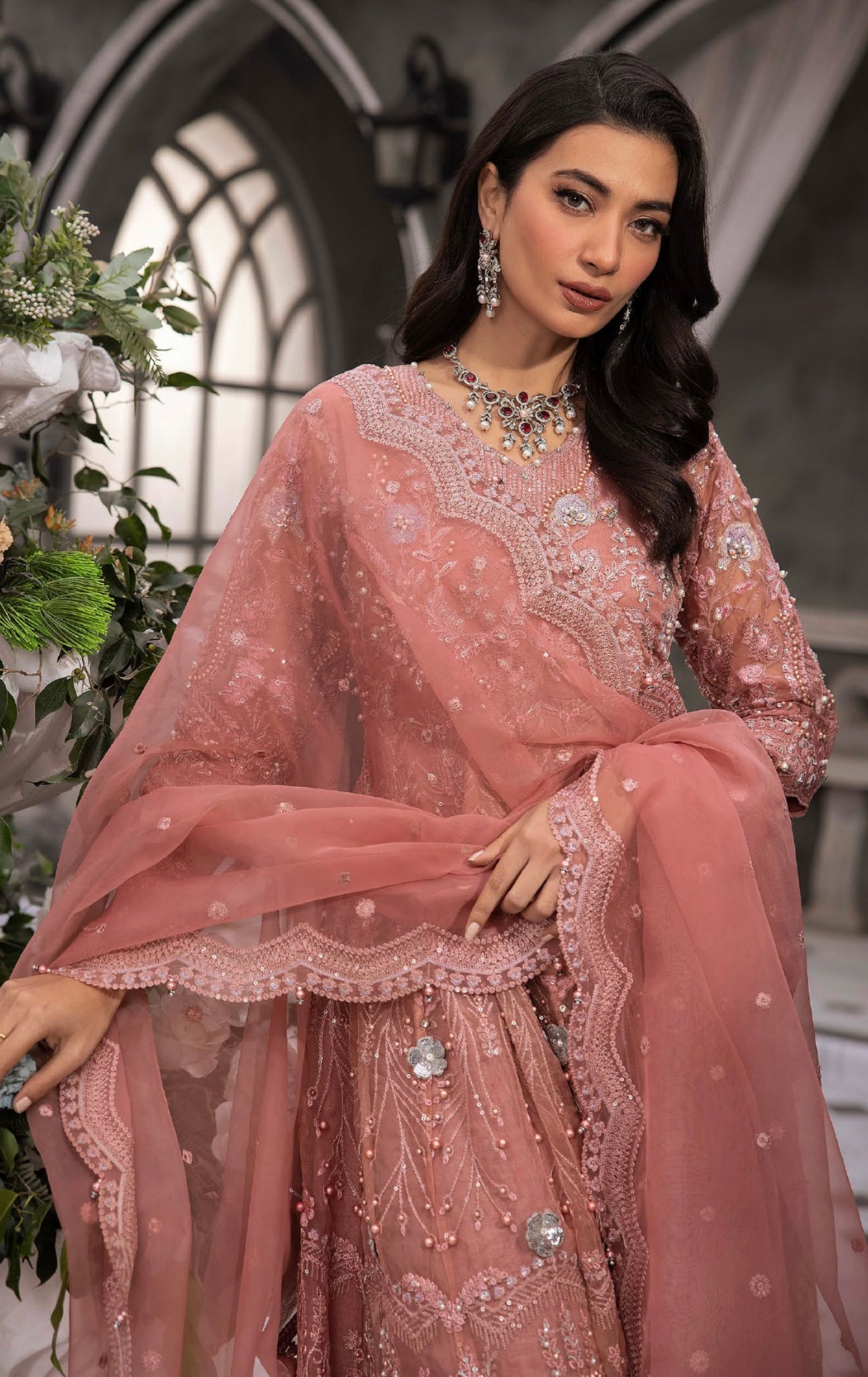 AMAYA BY SIMRANS ORGNZA/CHIFFON DUSTY PINk LUXURY EMBROIDERED LONG DRESS 3PC READYMADE | ALCC0935