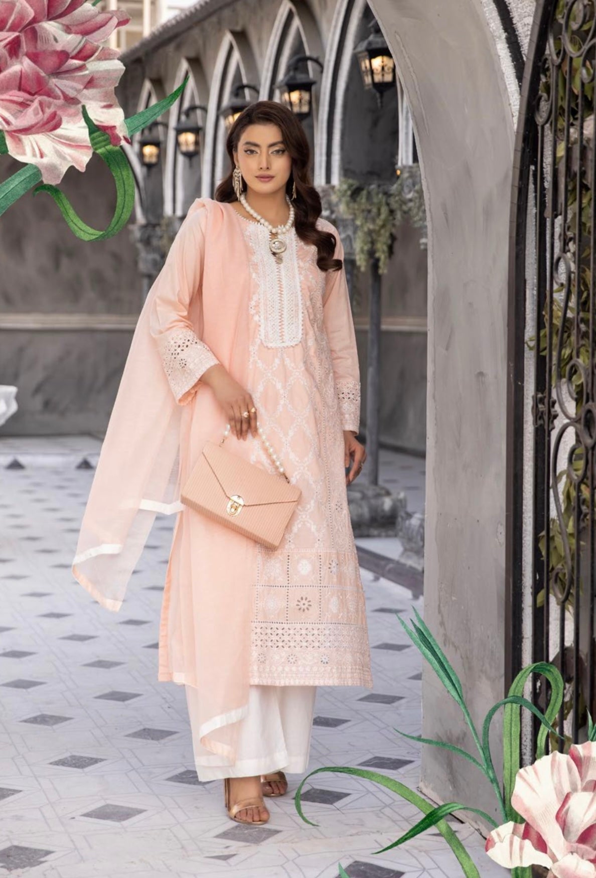 SIMRANS Sana Safinaz Inspired Peach Chikan Kari Eid Outfit Readymade