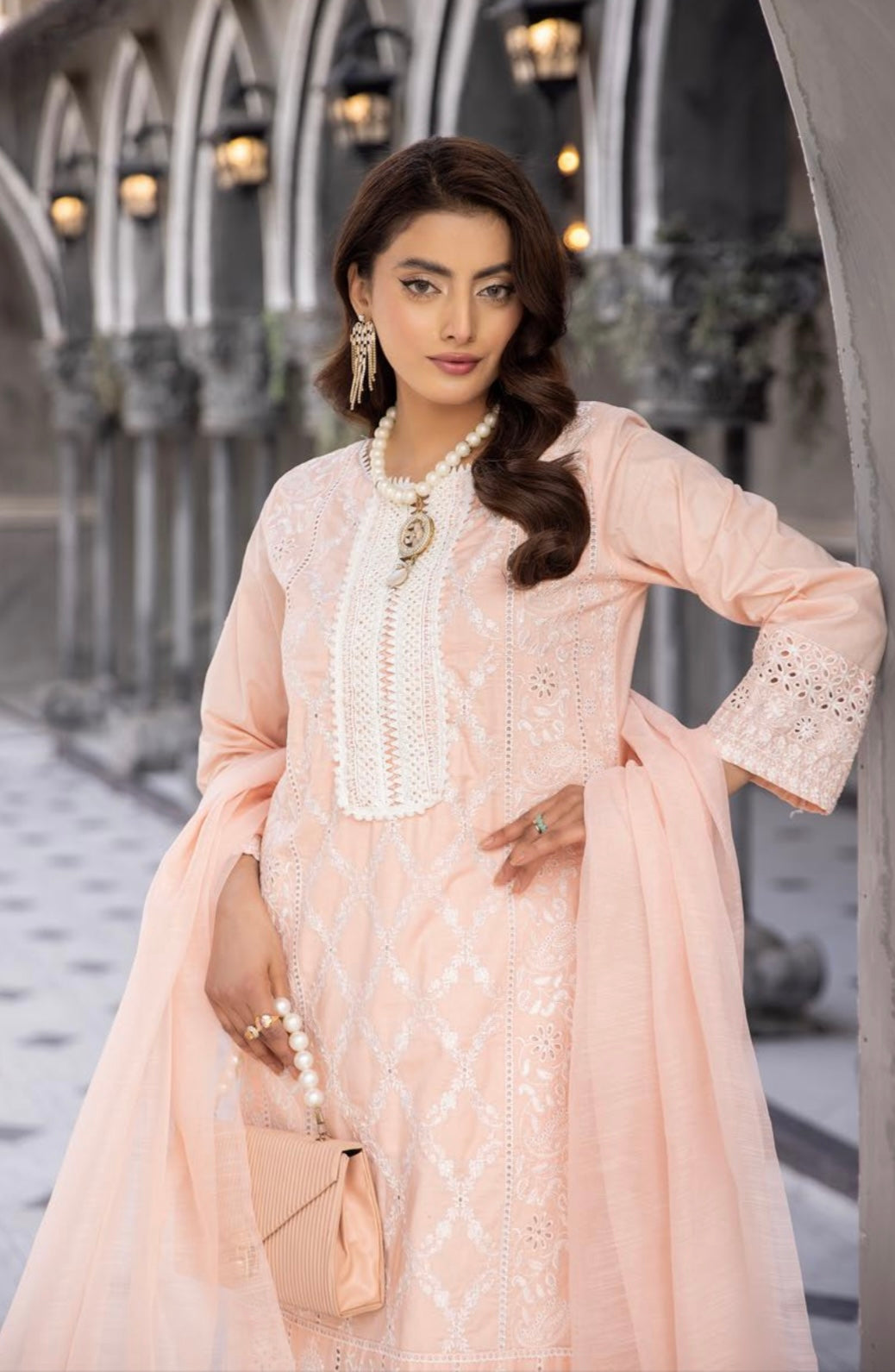 SIMRANS Sana Safinaz Inspired Peach Chikan Kari Eid Outfit Readymade