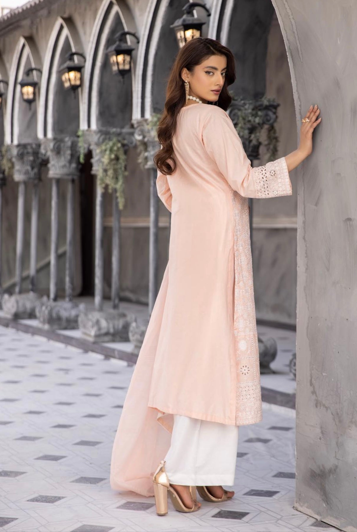 SIMRANS Sana Safinaz Inspired Peach Chikan Kari Eid Outfit Readymade